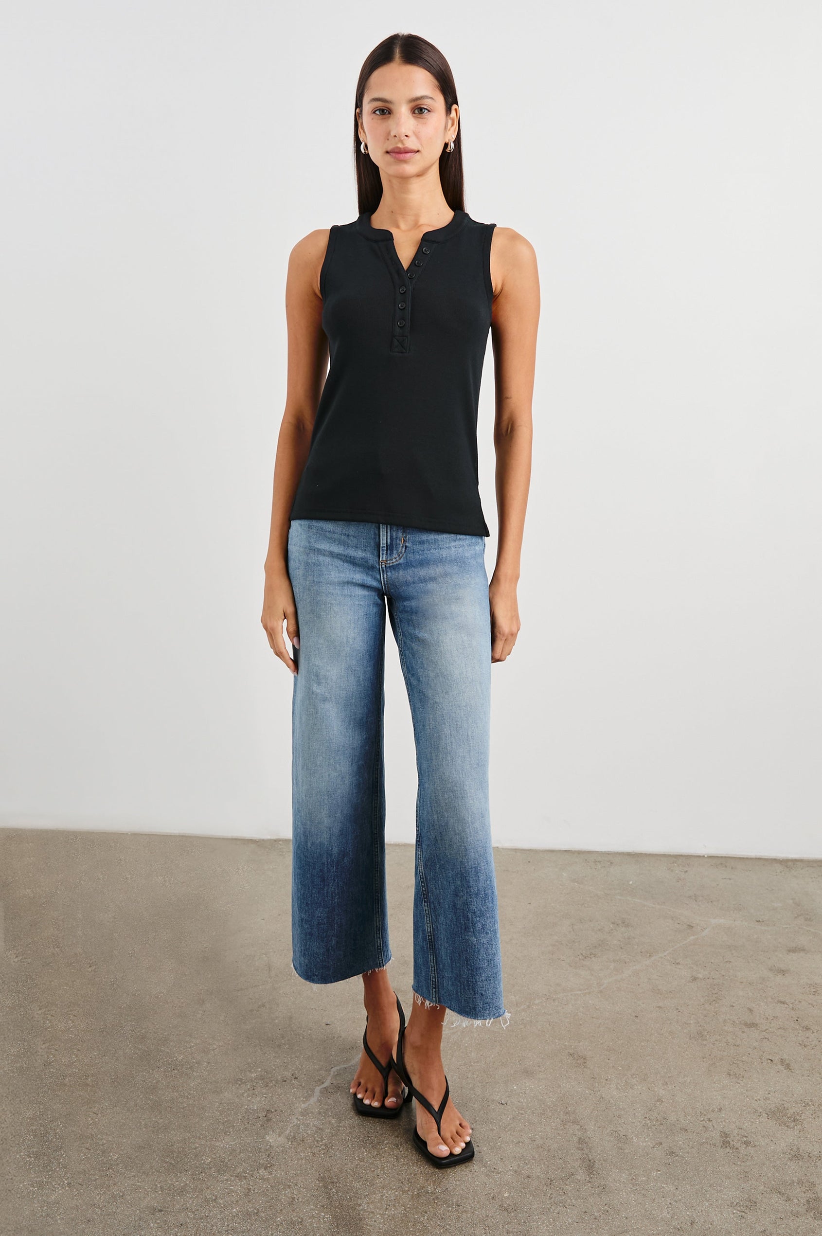 Mayla Sleeveless Top With 3/4 Front Buttons In Colorway Black - Full Front Body View Featured On Model