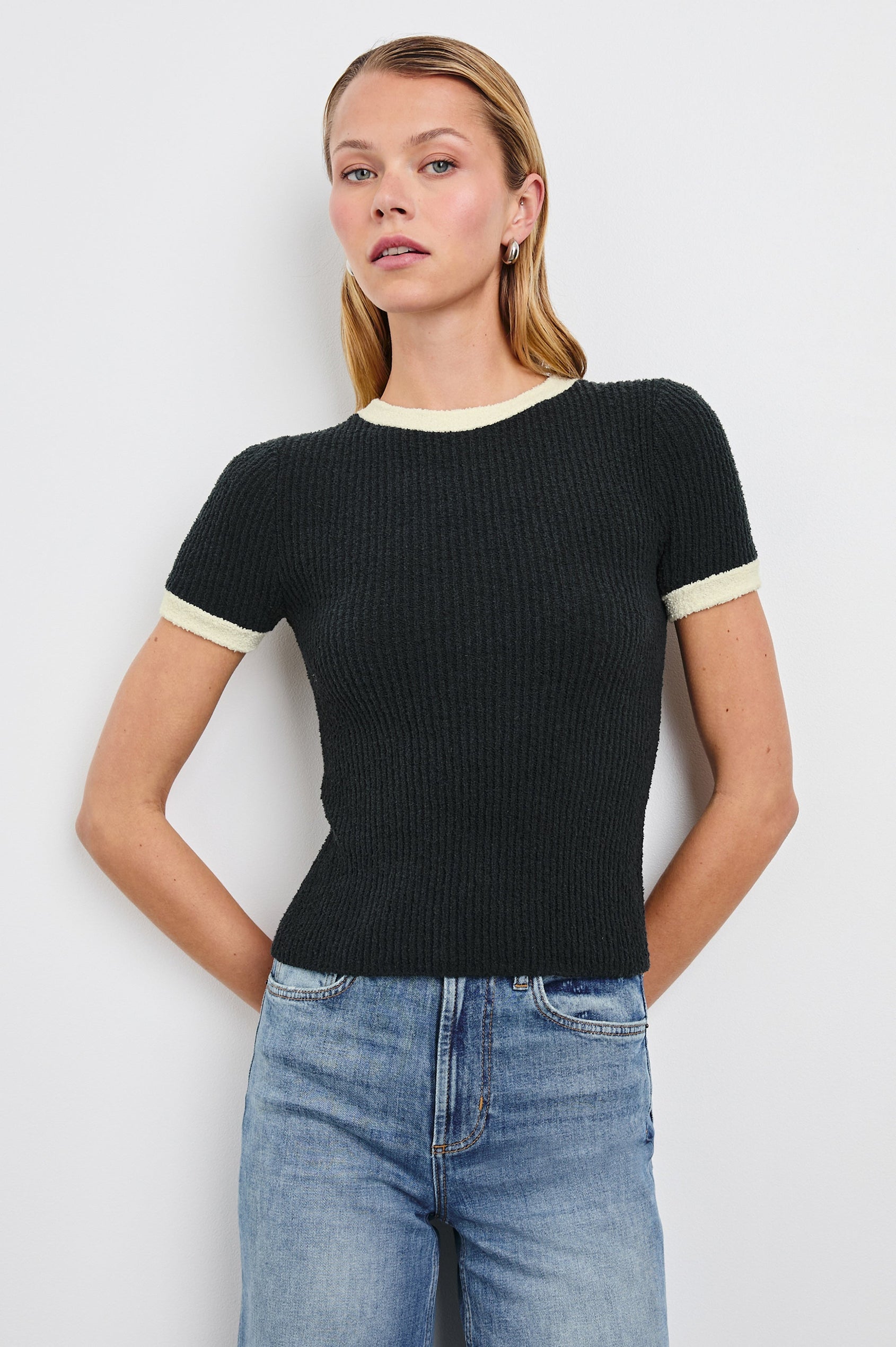 Meredith Short-Sleeve Ribbed Top with Crew Neckline in Black Ivory Colorway, with Ivory trim at the Neckline and Cuffs - Front View Featured on Model