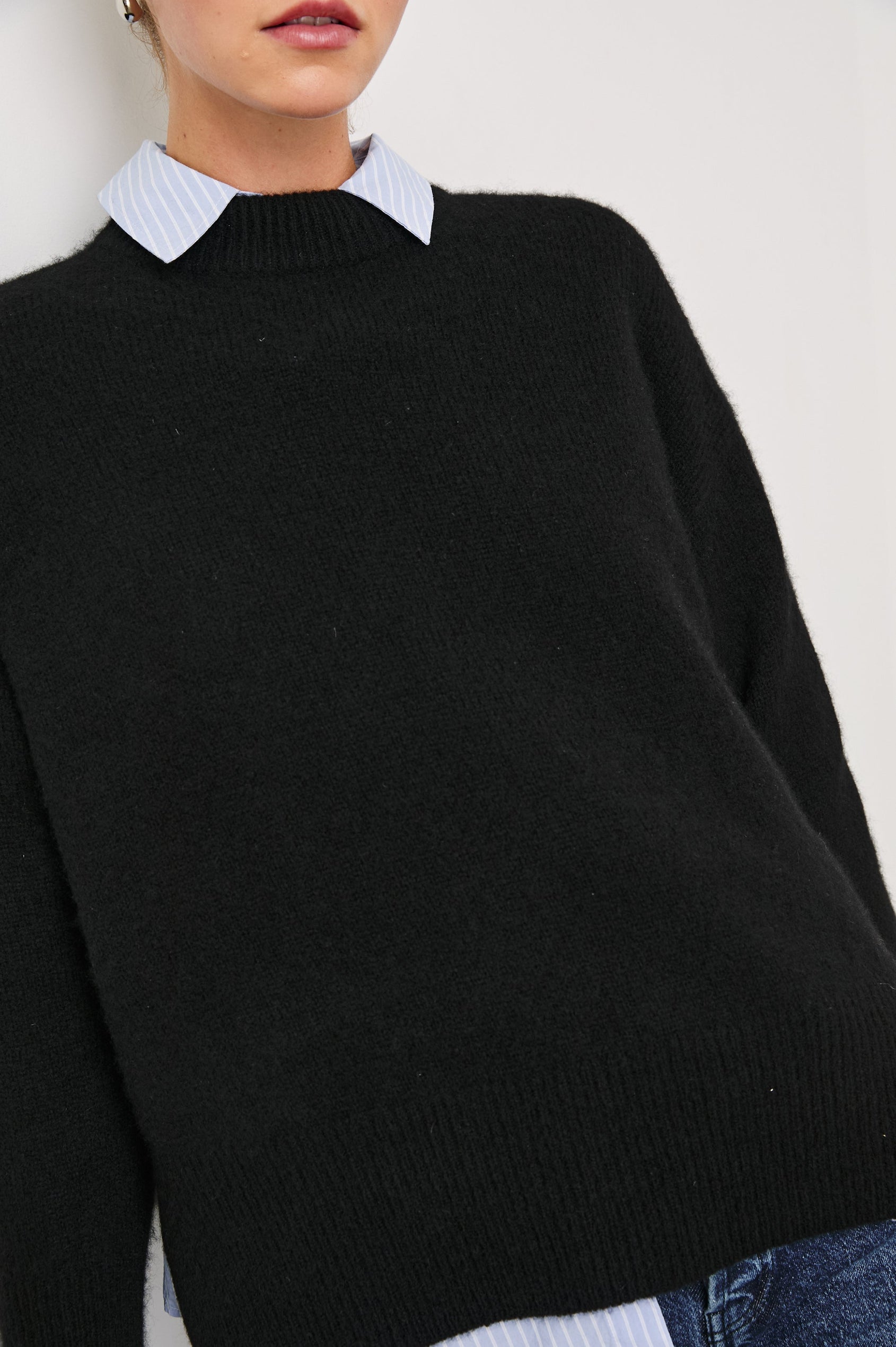 Miranda Long-Sleeve Sweater with a Mock Neck, Side Slits, and Ribbed Trim in Oatmeal Colorway - Front View Featured on Model