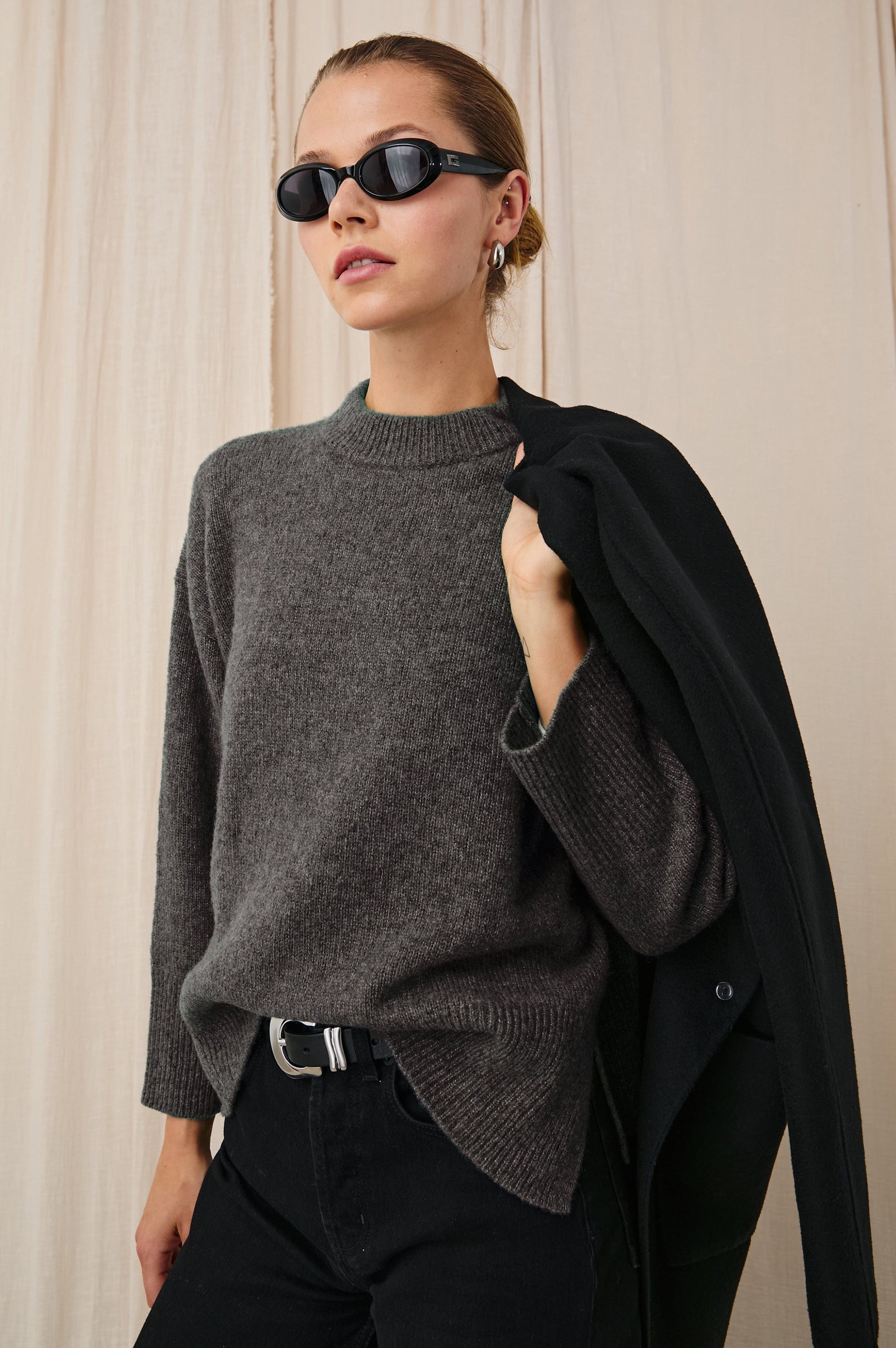 Miranda Long-Sleeve Sweater with a Mock Neck, Side Slits, and Ribbed Trim in Thunder Colorway - Front View Featured on Model