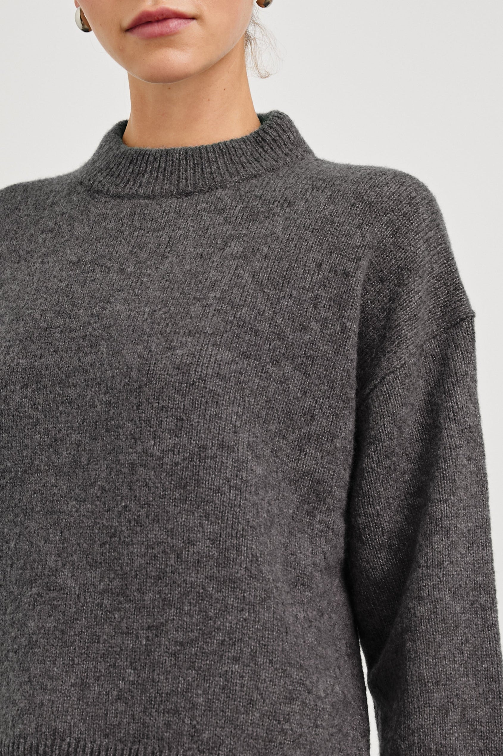 Miranda Long-Sleeve Sweater with a Mock Neck, Side Slits, and Ribbed Trim in Thunder Colorway - Front View Featured on Model