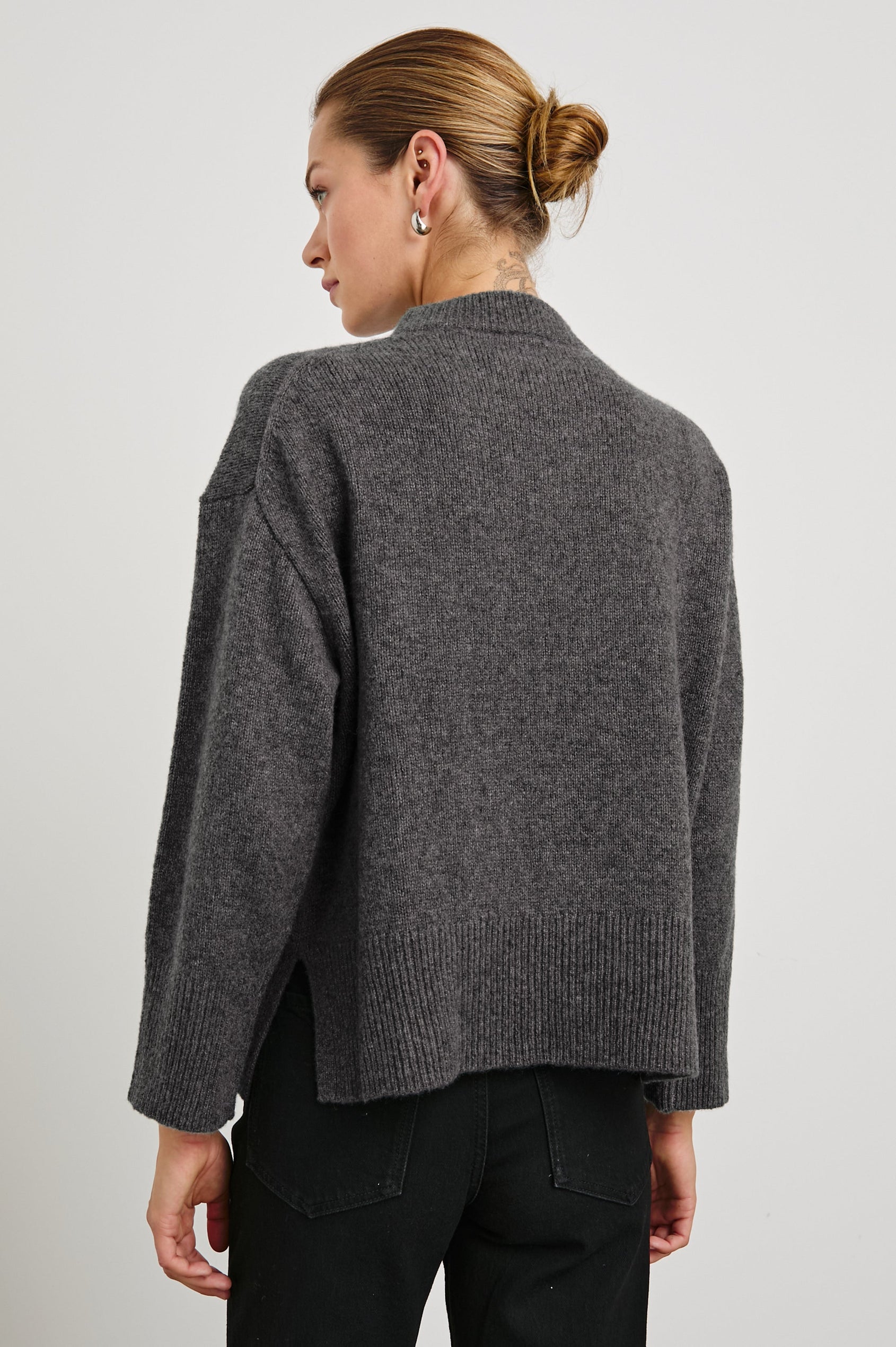Miranda Long-Sleeve Sweater with a Mock Neck, Side Slits, and Ribbed Trim in Thunder Colorway - Back View Featured on Model