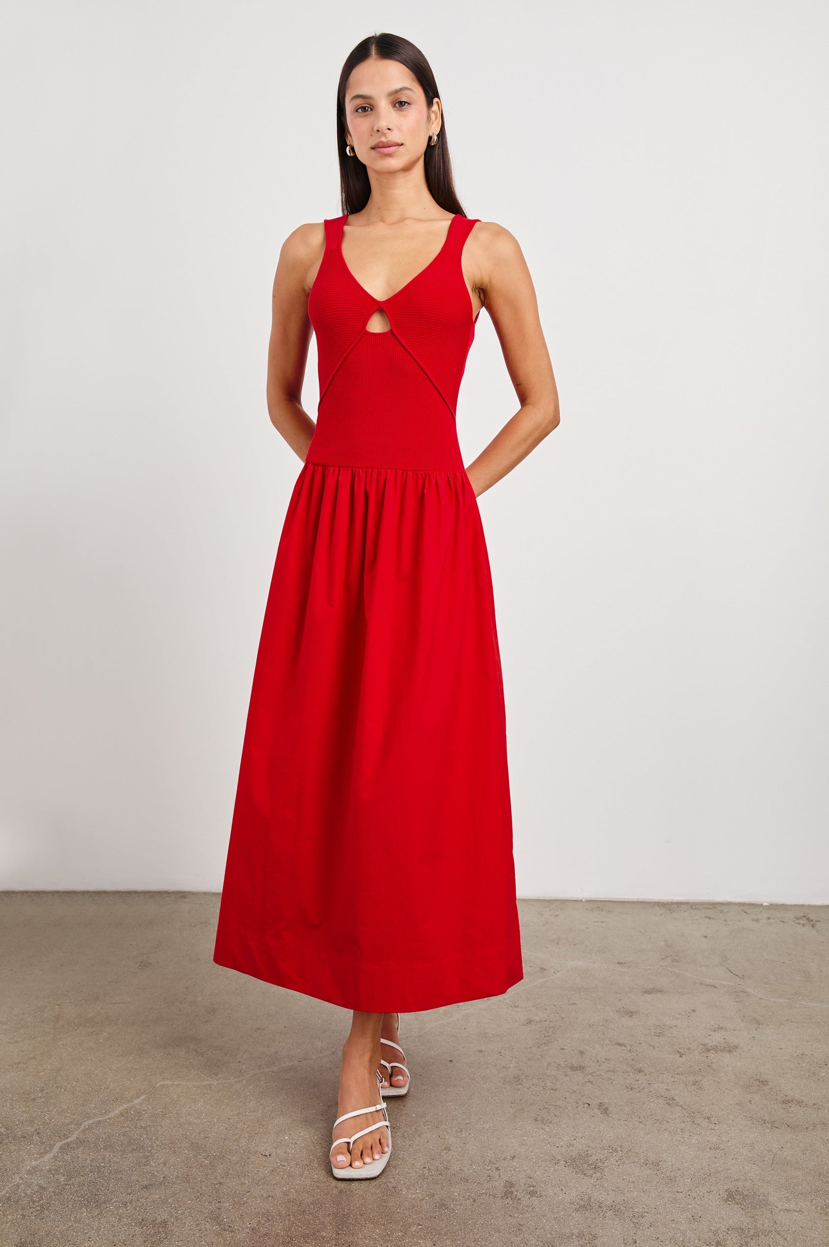 Raquel Maxi Dress with Straps, a Scoop Neckline with Keyhole and Pleats at Waistline in Cherry Colorway - Front Full Body View Featured on Model