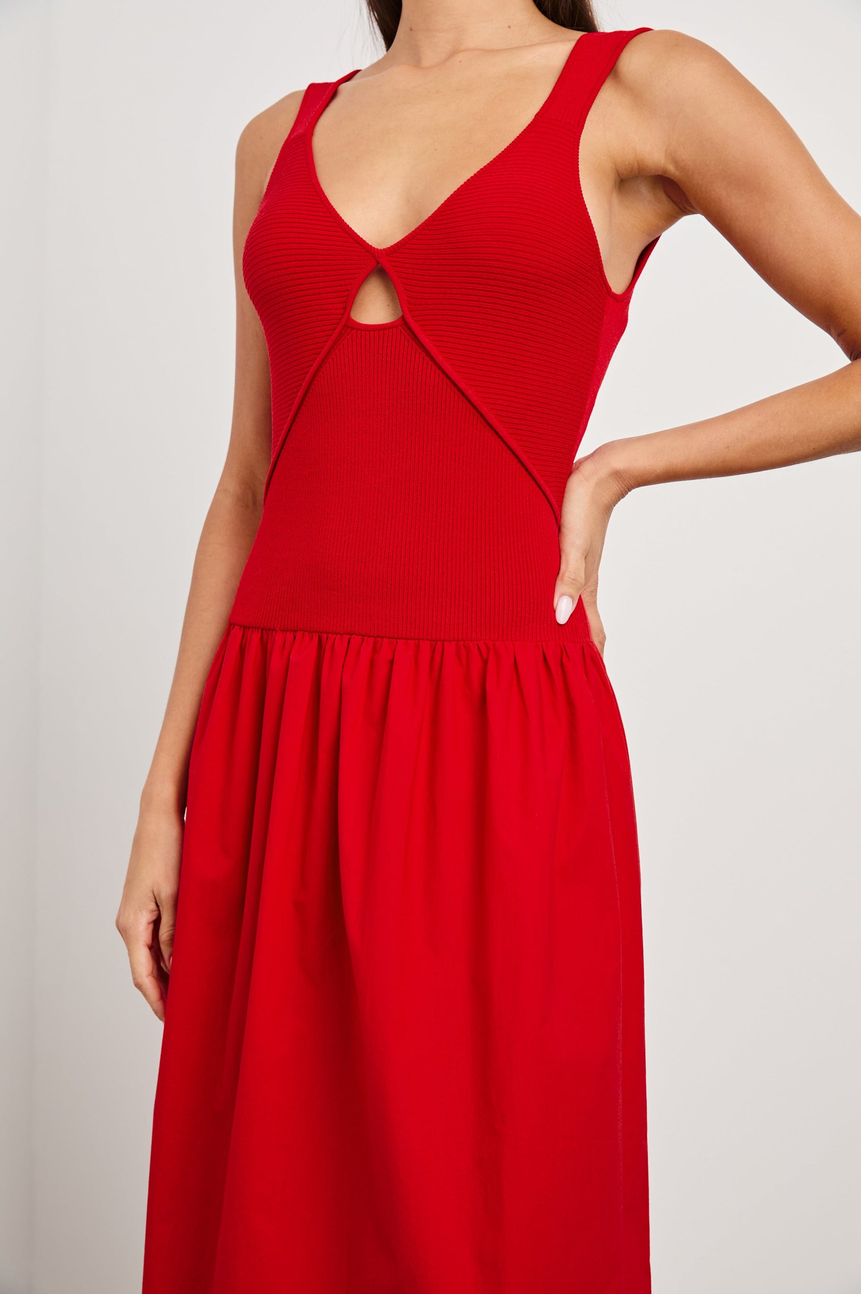 Raquel Maxi Dress with Straps, a Scoop Neckline with Keyhole and Pleats at Waistline in Cherry Colorway - Front View Featured on Model