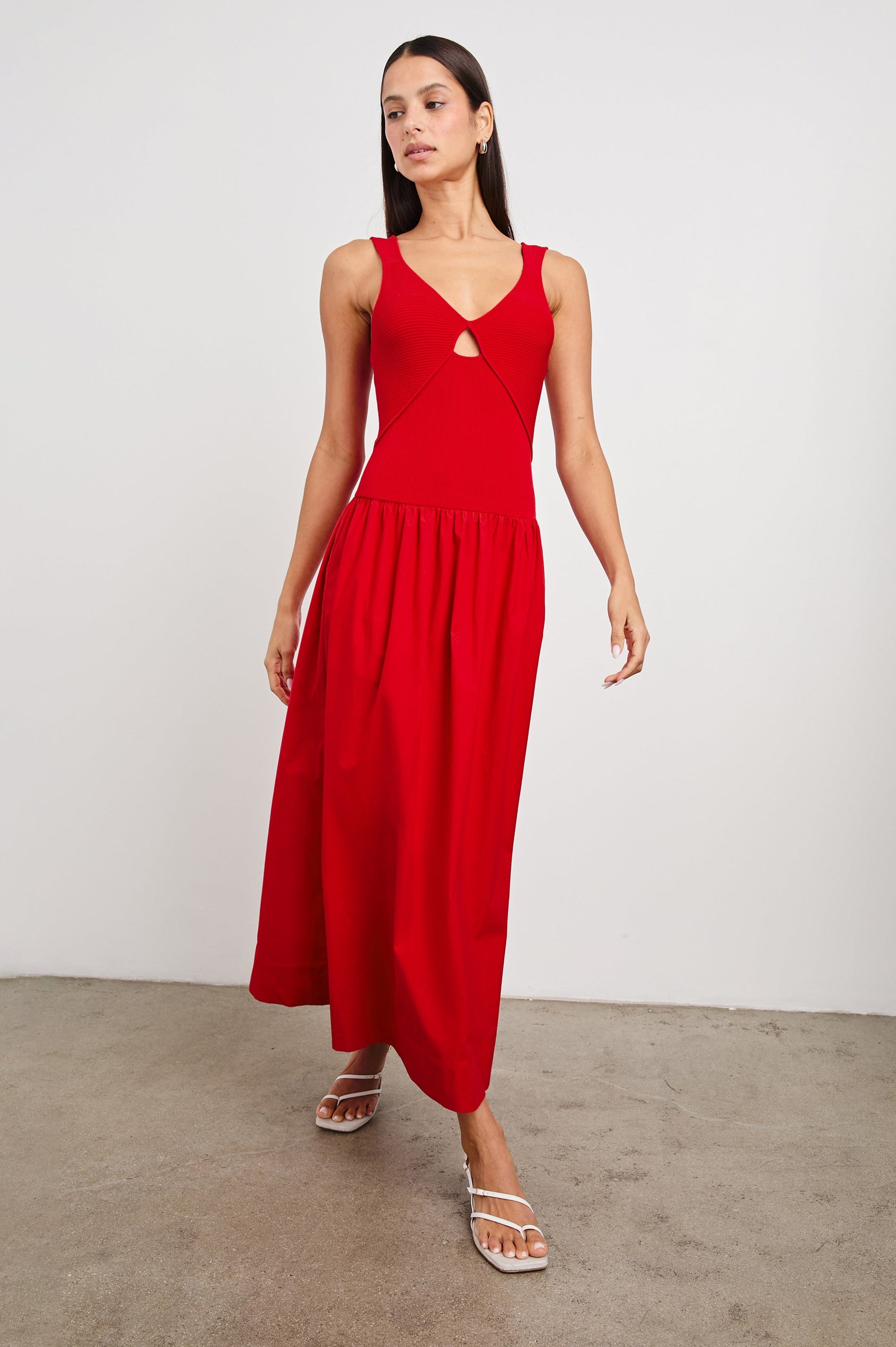 Raquel Maxi Dress with Straps, a Scoop Neckline with Keyhole and Pleats at Waistline in Cherry Colorway - Front Full Body View Featured on Model