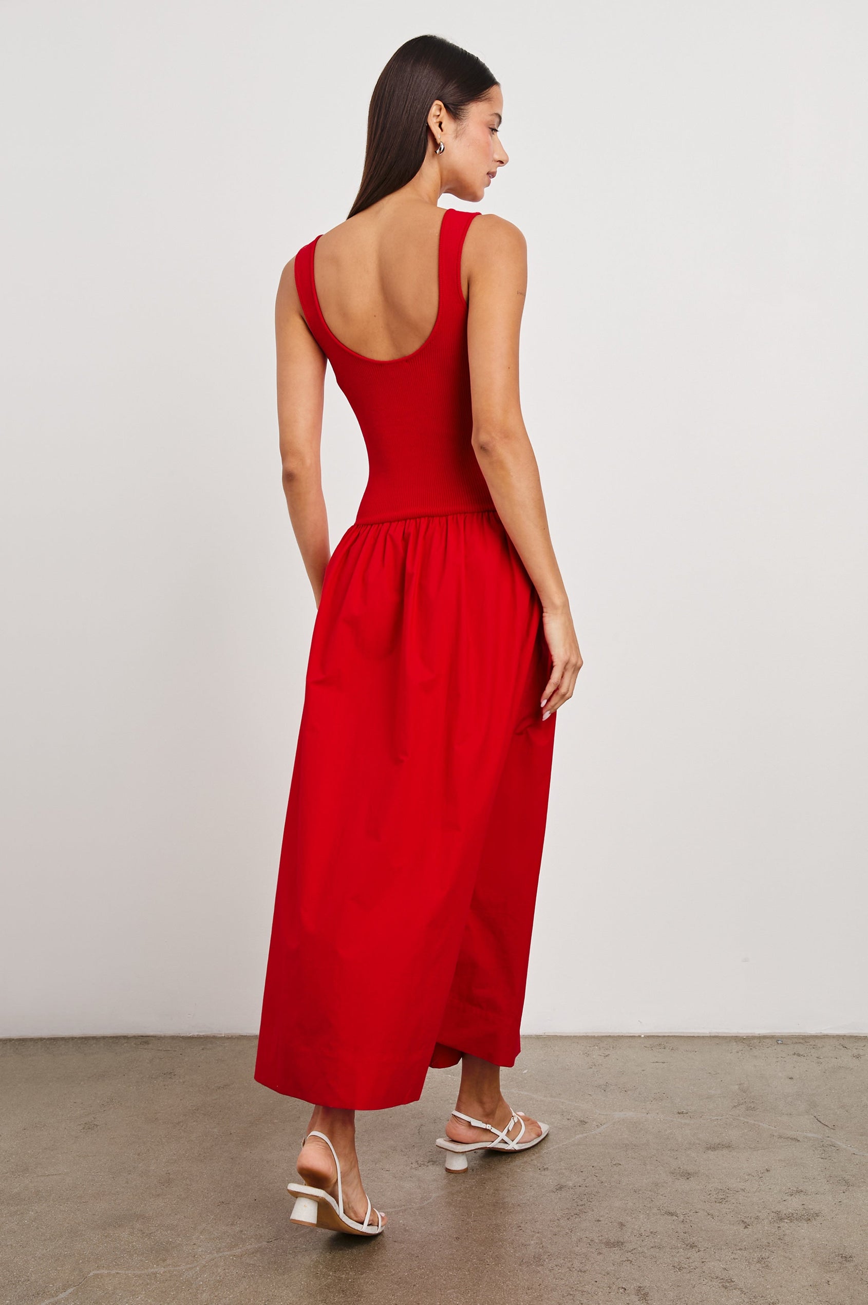 Raquel Maxi Dress with Straps, a Scoop Neckline with Keyhole and Pleats at Waistline in Cherry Colorway - Back Full Body View Featured on Model