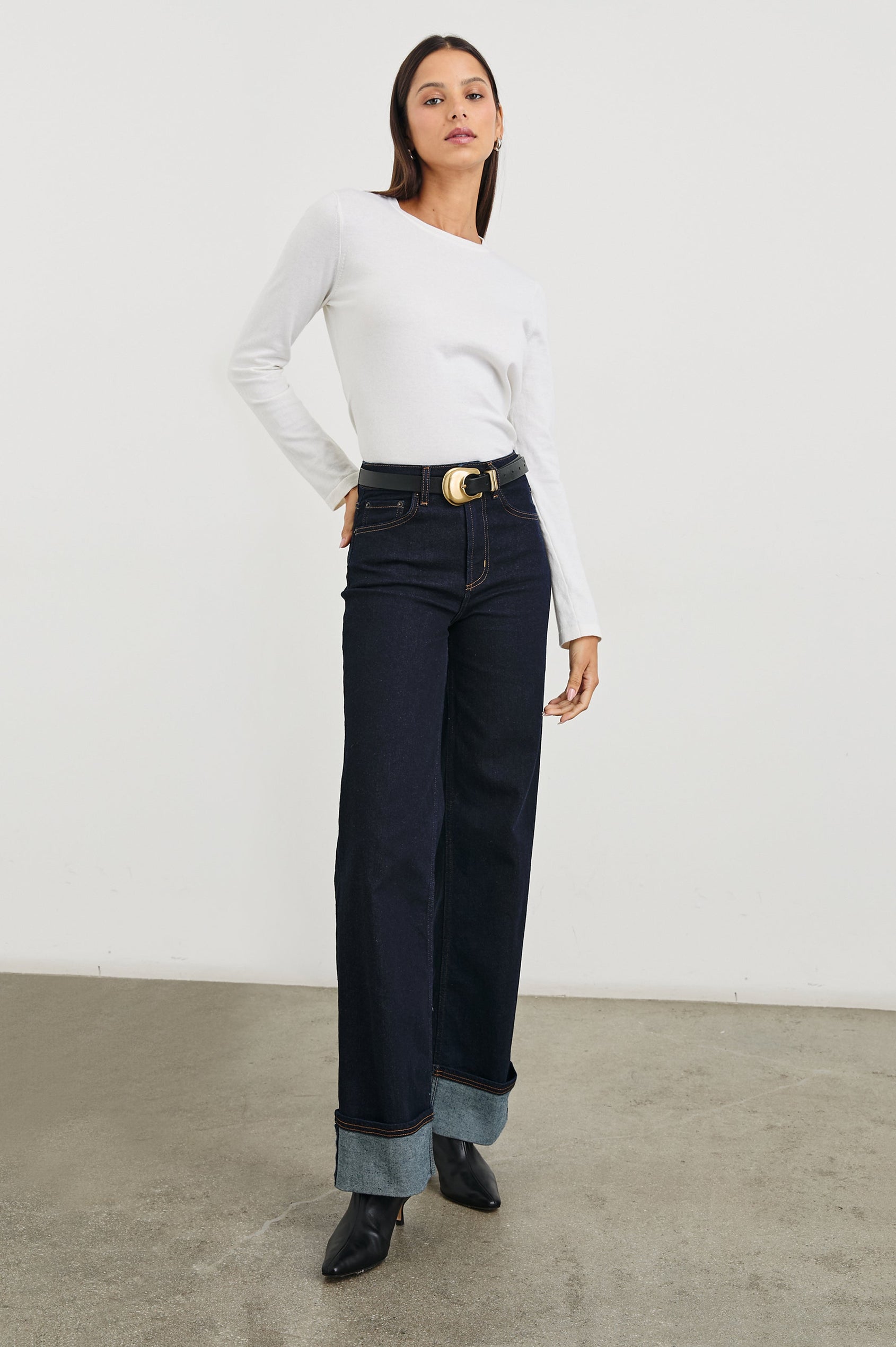 Rodeo Belt with a Black Leather Belt with Belt Loop and a Chunky Gold-Toned Buckle in Brown Gold Colorway - Front Full Body View Featured on Model