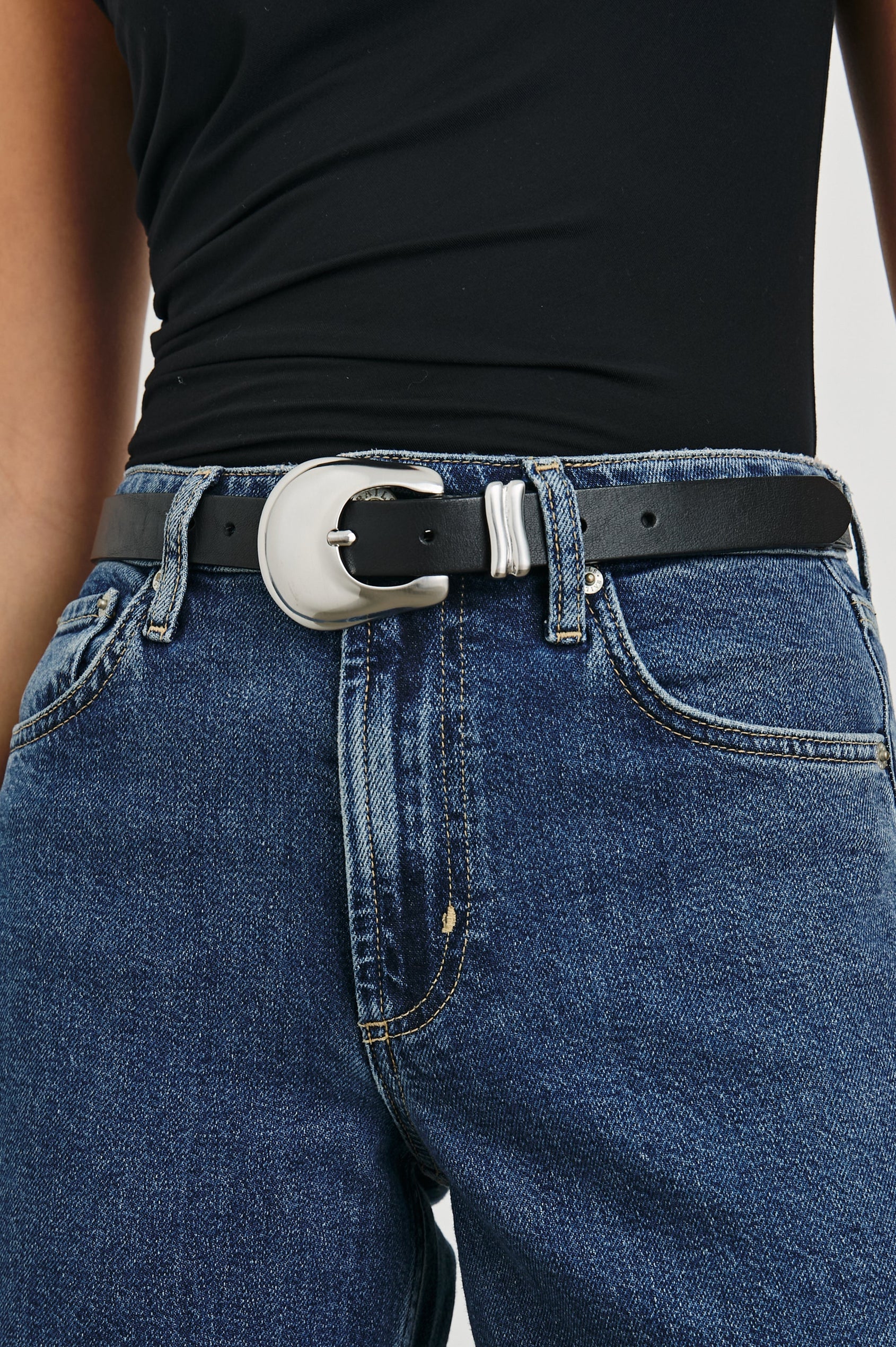 Rodeo Belt with a Black Leather Belt with Belt Loop and a Chunky Silver-Toned Buckle in Brown Gold Colorway - Front View Featured on Model