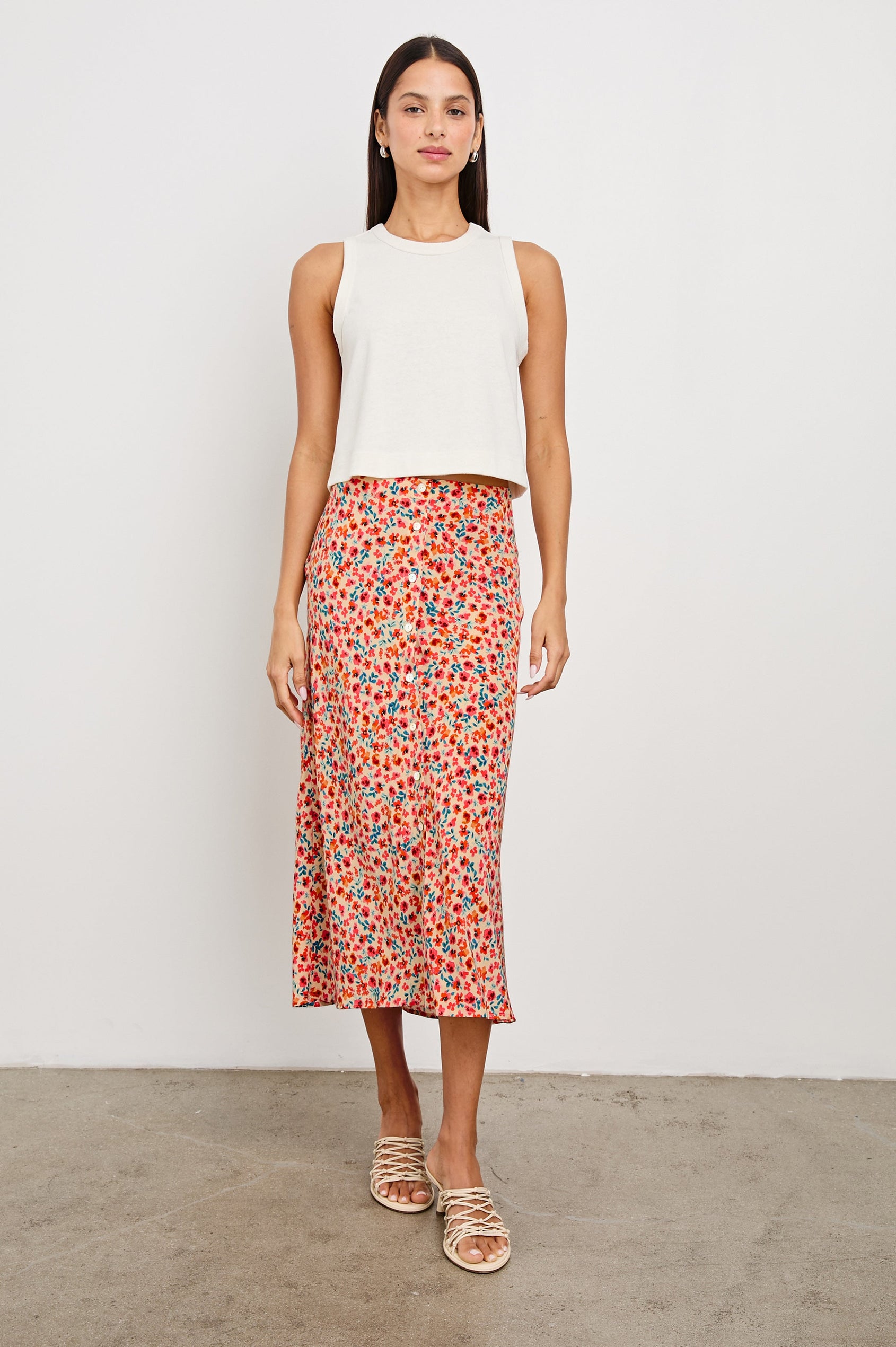 Rosetta Midi Skirt with White Buttons Down the Front in Red Posy Colorway, with Red Posies on Tan - Front Full Body View Featured on Model