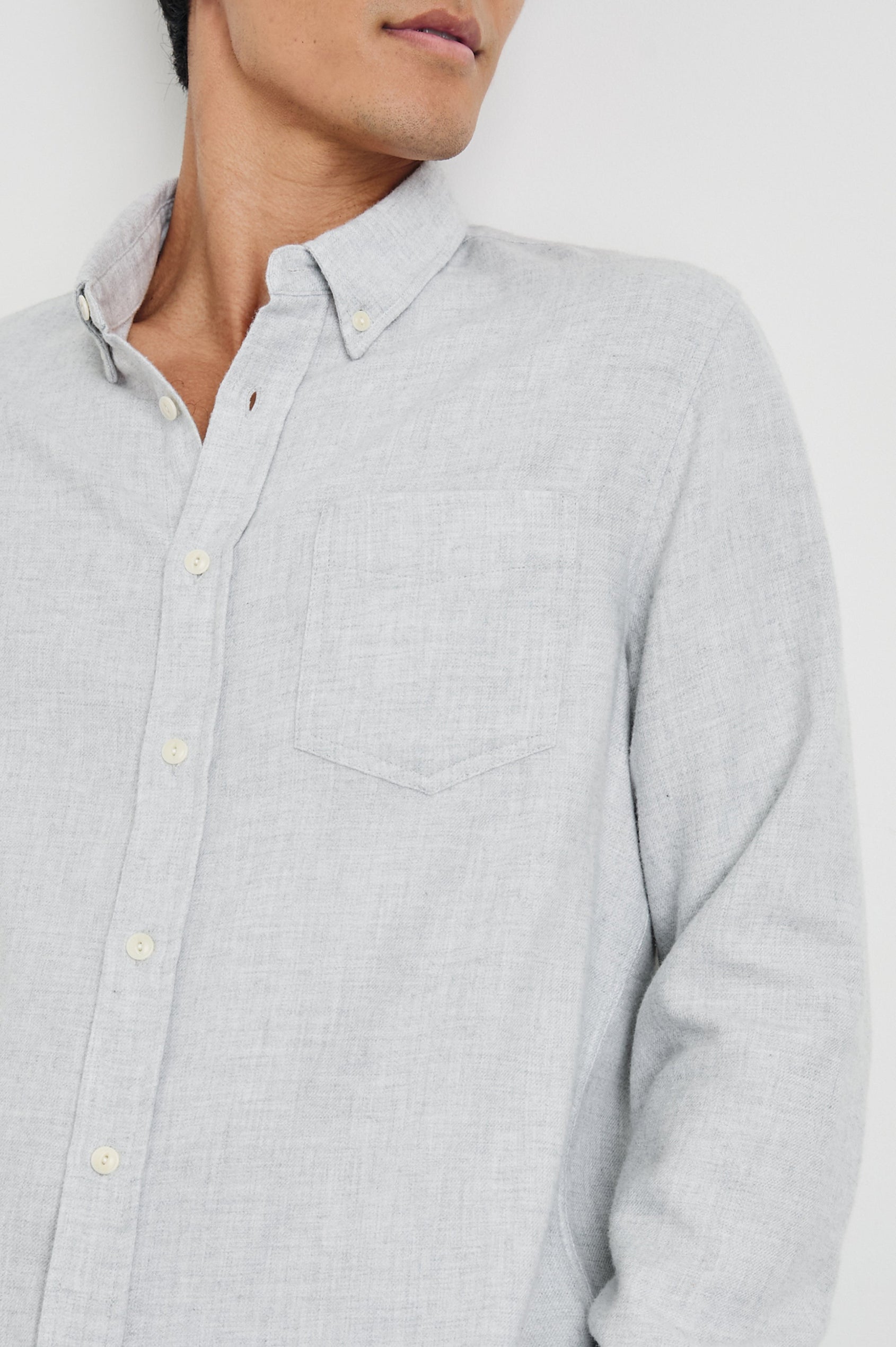 Runson Long-Sleeve Button Down with a Chest Patch Pocket in Heather Grey Colorway - Front View Featured on Model