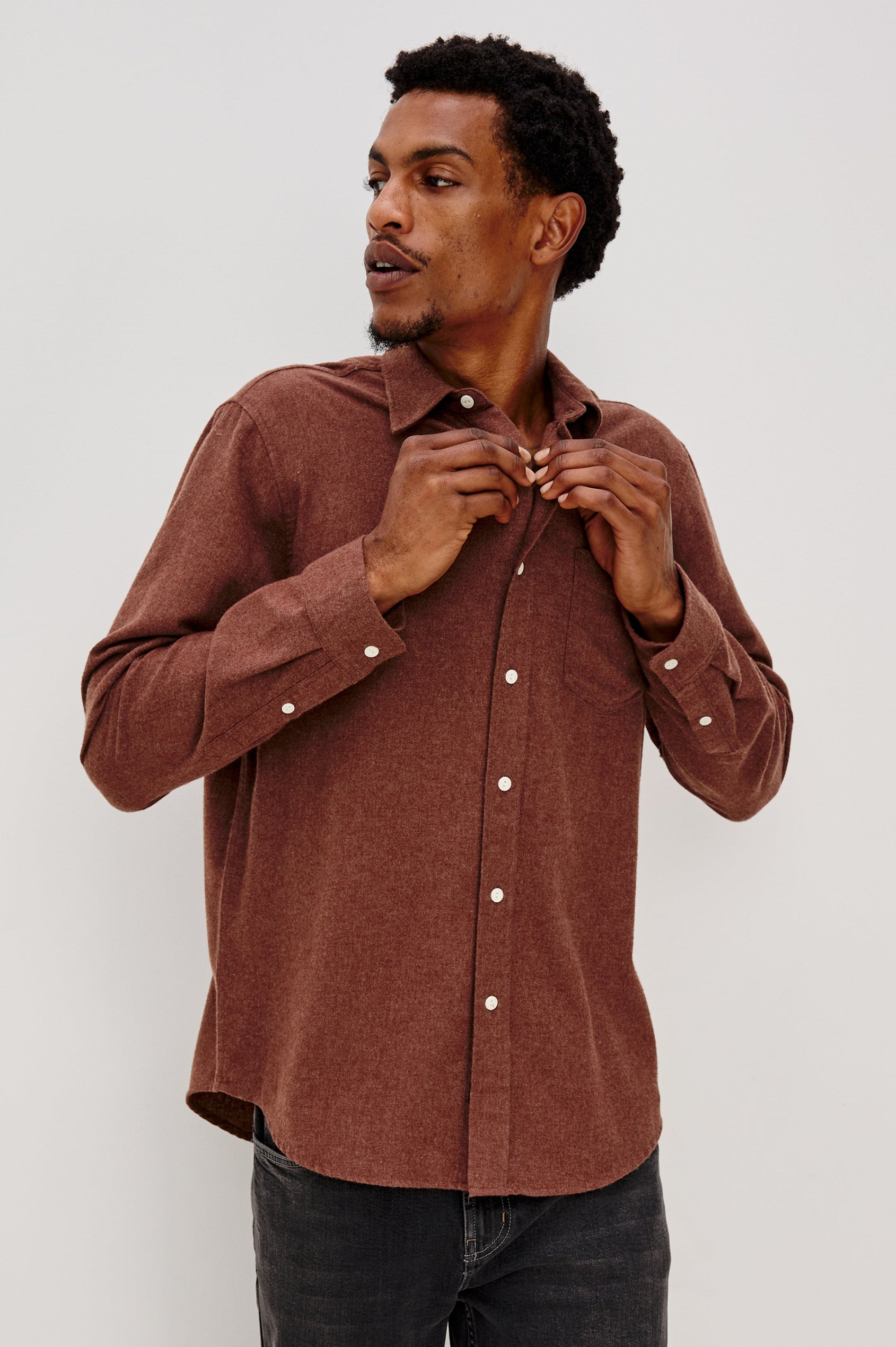 Runson Long-Sleeve Button Down with a Chest Patch Pocket in Mohagany Heather Colorway - Front View Featured on Model