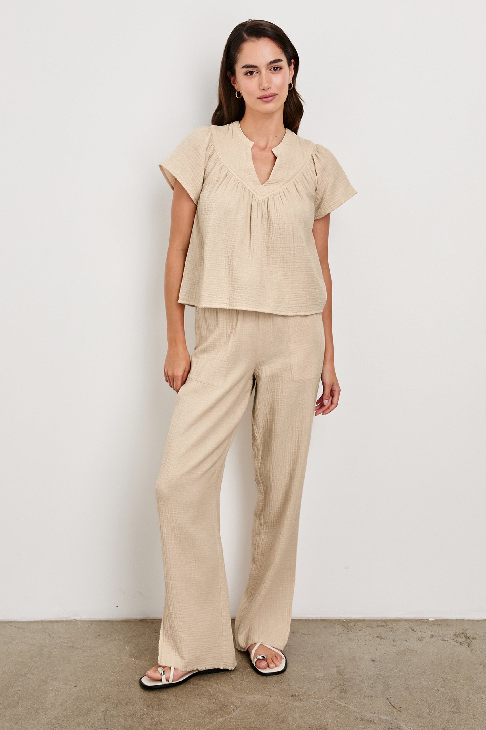 Sayer double cotton gauze flared short sleeve tee with V neckline in Flax - full body front view on model with matching pants