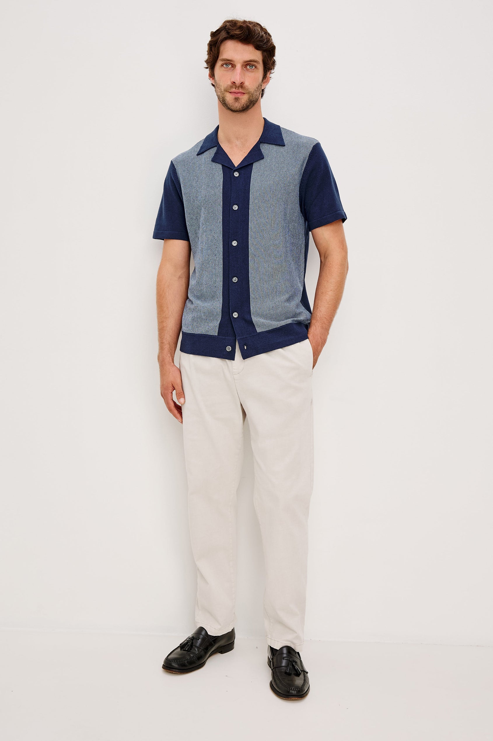 Silas short sleeve knit button down shirt with retro front striped design features in Navy Lagoon Stripe - front full body view on model