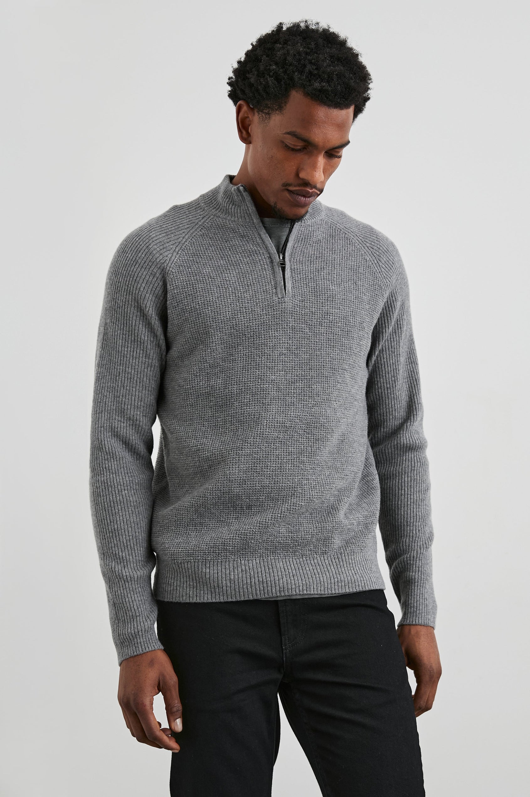 Stark Long-Sleeve Quarter Zip with a Mock Neck, Waffle Torso, and Ribbed Sleeves in Finch Colorway - Front View Featured on Model