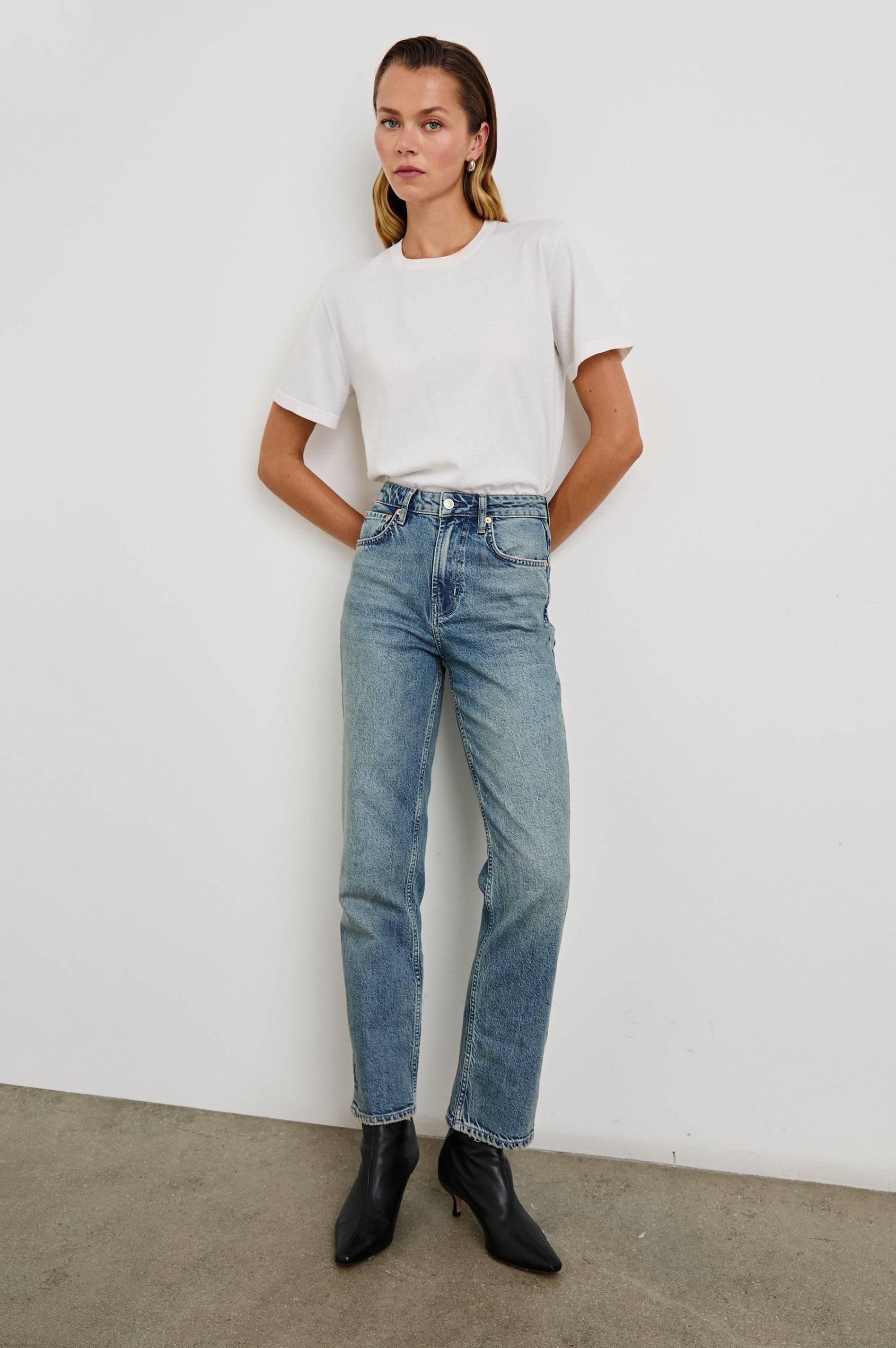Topanga Straight Jeans with Belt Loops, Two Front Pockets plus a Coin Pocket and Two Back Patch Pockets in Desert Sky Colorway - Front Full Body View Featured on Model