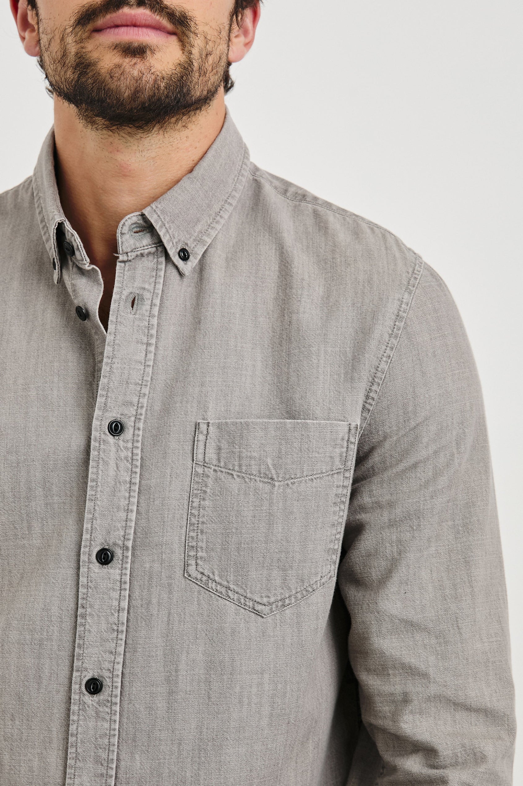 Tristan Long-Sleeve Button Down with a Chest Patch Pocket in Trail Mix Colorway, a brownish grey - Front View Featured on Model