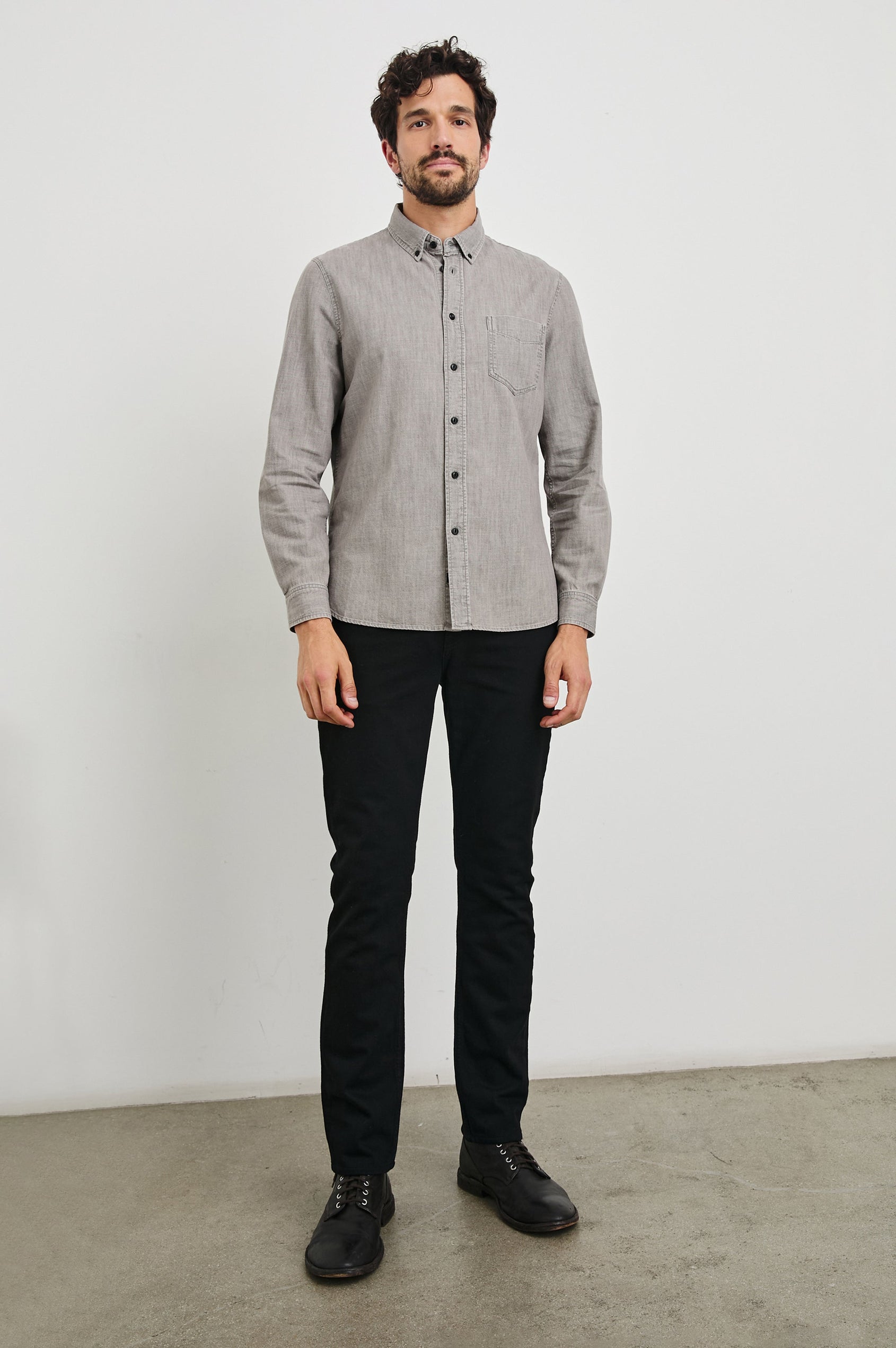 Tristan Long-Sleeve Button Down with a Chest Patch Pocket in Trail Mix Colorway, a brownish grey - Front Full Body View Featured on Model