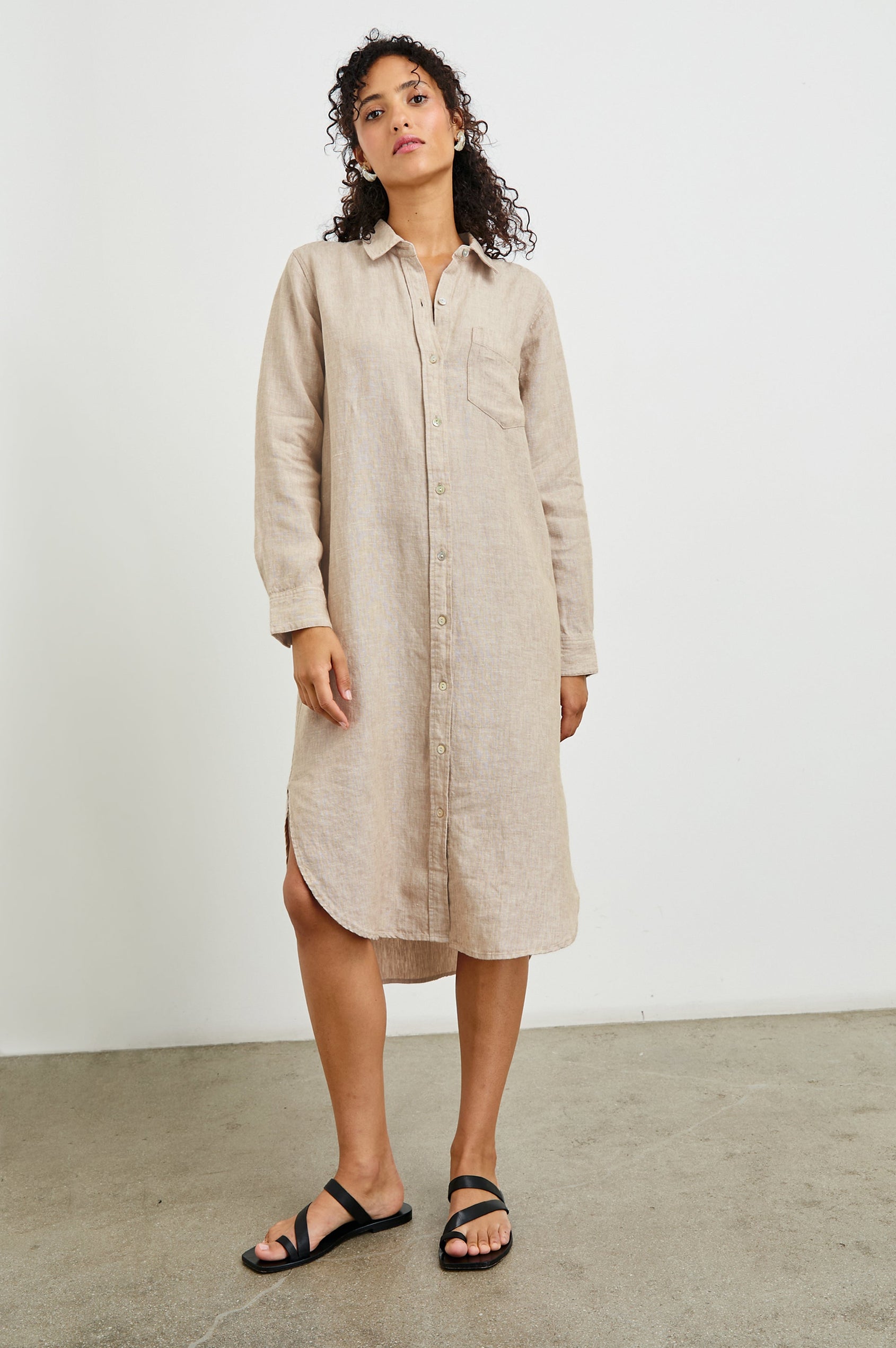 Val Long Sleeve Shirt Dress With Collar And Button Down Front In Colorway Flax - Full Front Body View Featured On Model