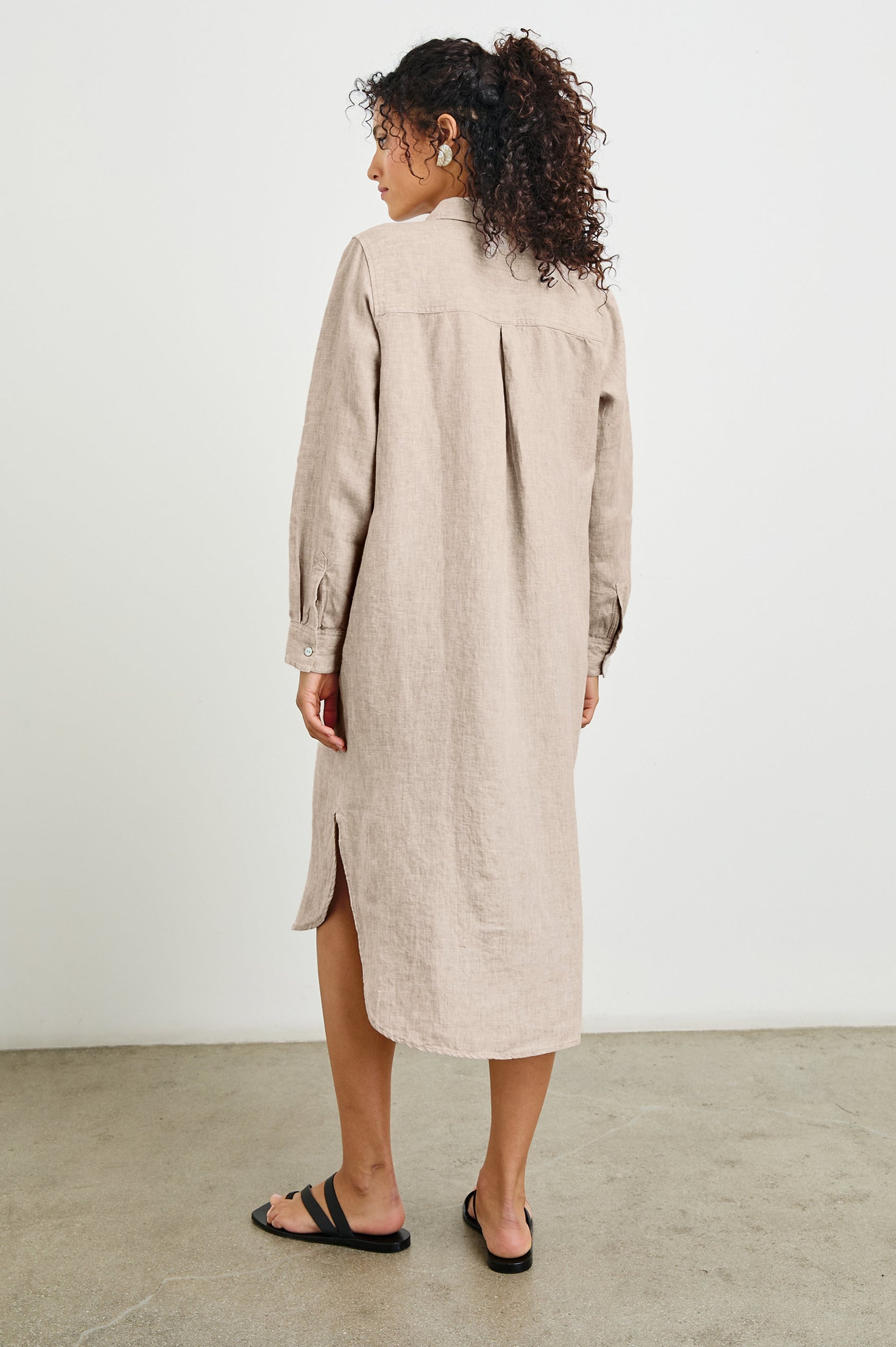 Val Long Sleeve Shirt Dress With Collar And Button Down Front In Colorway Flax - Back View Featured On Model