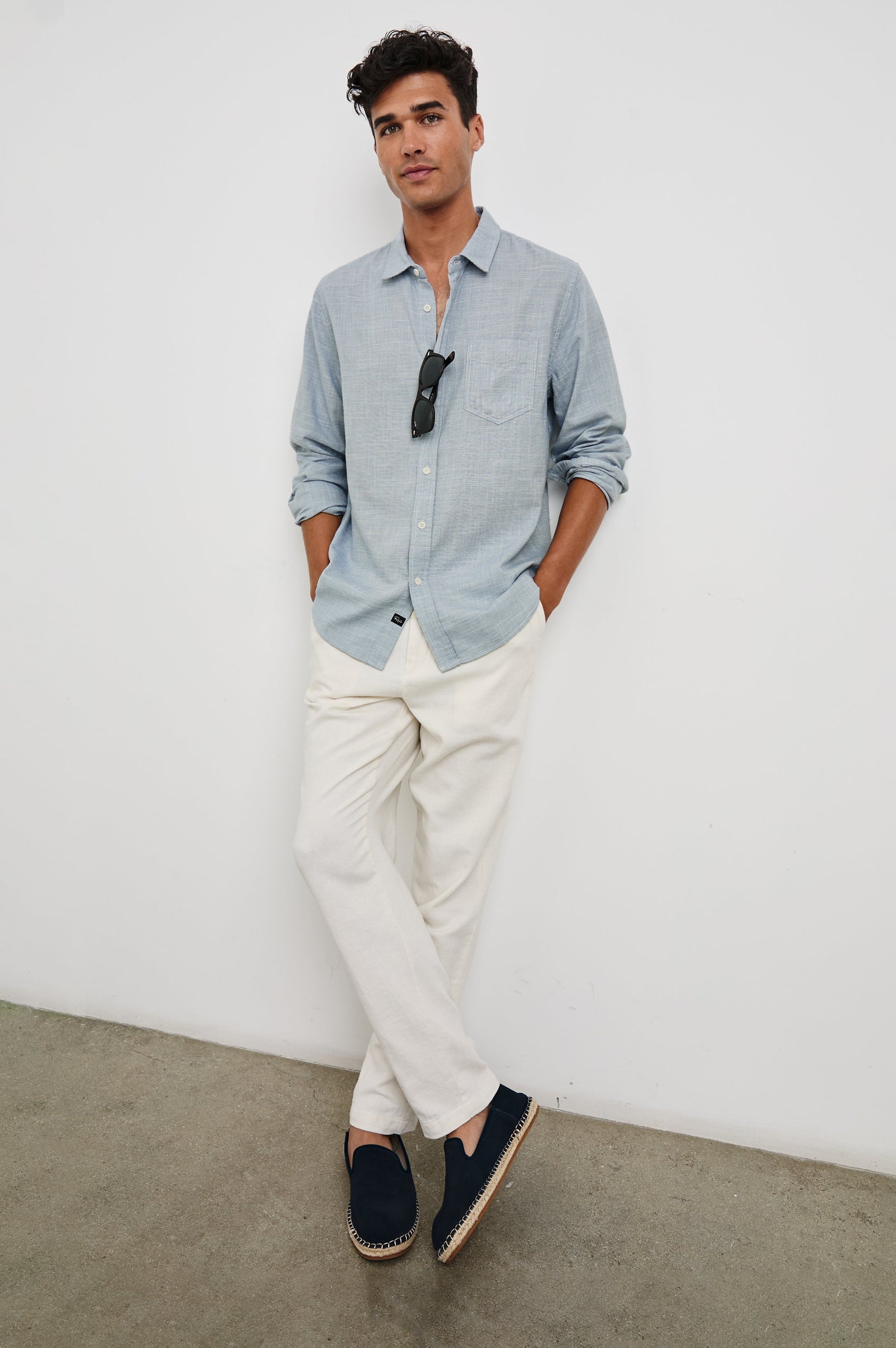 Wyatt Long-Sleeve Relaxed Fit Button Up with a Chest Patch Pocket in Tidal Etch Colorway - full body front view on model