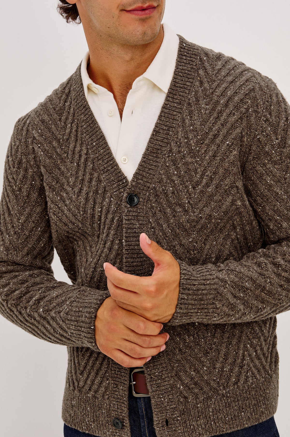 Adair Cardigan in Alpaca Wool Nylon Blend With Chevron Texture, V-Neck, Front Buttons, and Long Sleeves in Pine Log Colorway - Upper Body Front Close Up View Featured on Model