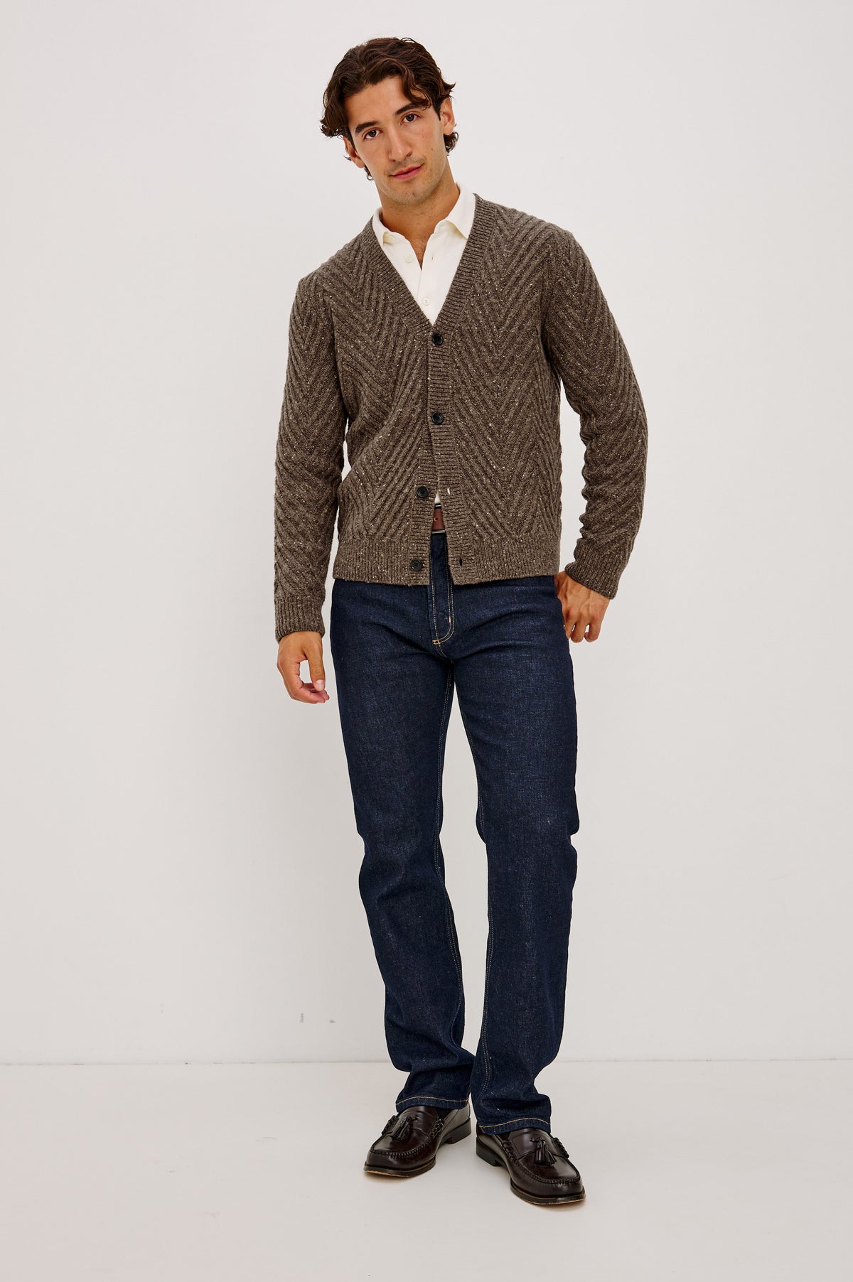 Adair Cardigan in Alpaca Wool Nylon Blend With Chevron Texture, V-Neck, Front Buttons, and Long Sleeves in Pine Log Colorway - Full Body Front View Featured on Model