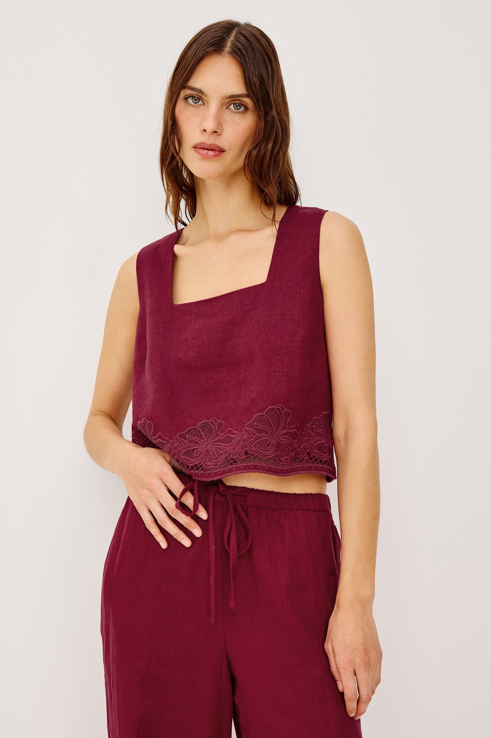 Akira Tank Top in Linen With Square Neckline Wide Fixed Shoulder Straps and Cropped Loose Fit in Berry Hibiscus Embroidery Colorway - Upper Body Front VIew Featured on Model