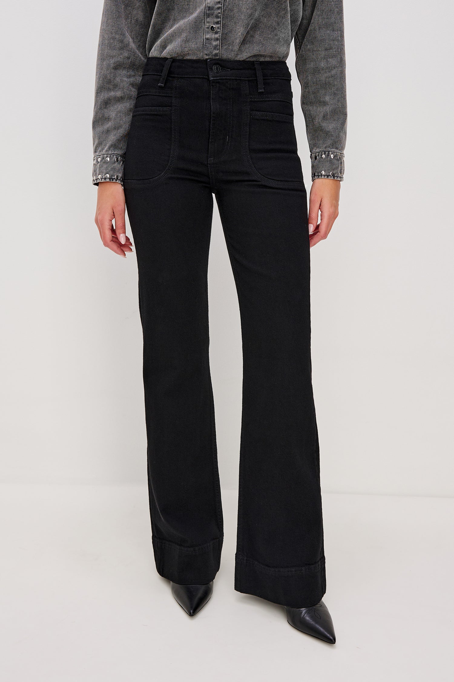 Alamitos Flared Trouser in Denim With Front Zip-Fly, Front Patch Pockets, 5-Pocket Styling, and Trouser Hem in Blackout Colorway - Lower Body Front View Featured on Model