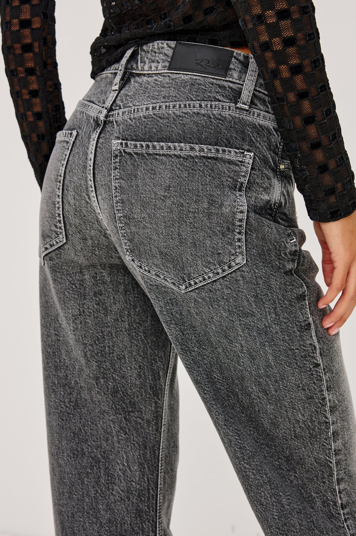 Alamitos Flared Trouser in Comfort Stretch Denim With High-Rise Relaxed Fit, Wide Legs, and 5-Pockets in Night Rider Colorway - Lower Body Back Close Up View Featured on Model