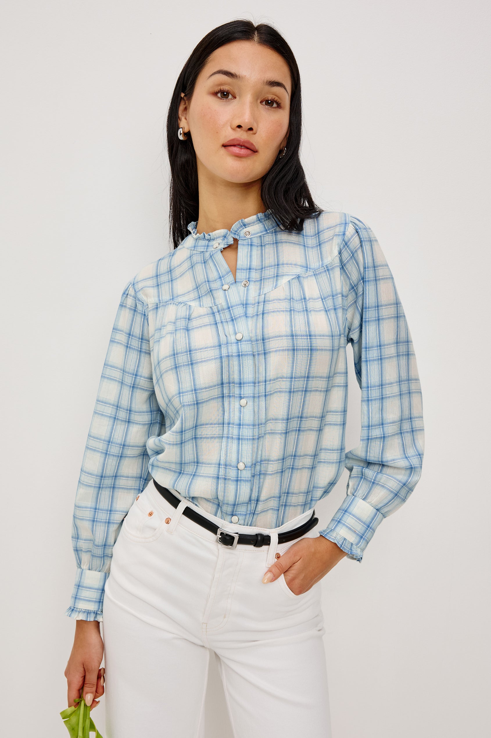 Alanna Long Sleeve Shirt with Snaps Down the Front, a Ruffled Collar, Banded Ruffed Cuffs, and Pleats at the Yoke Seam in Bluebell Ivory Colorway - Upper Body Front View fFeatured on Model
