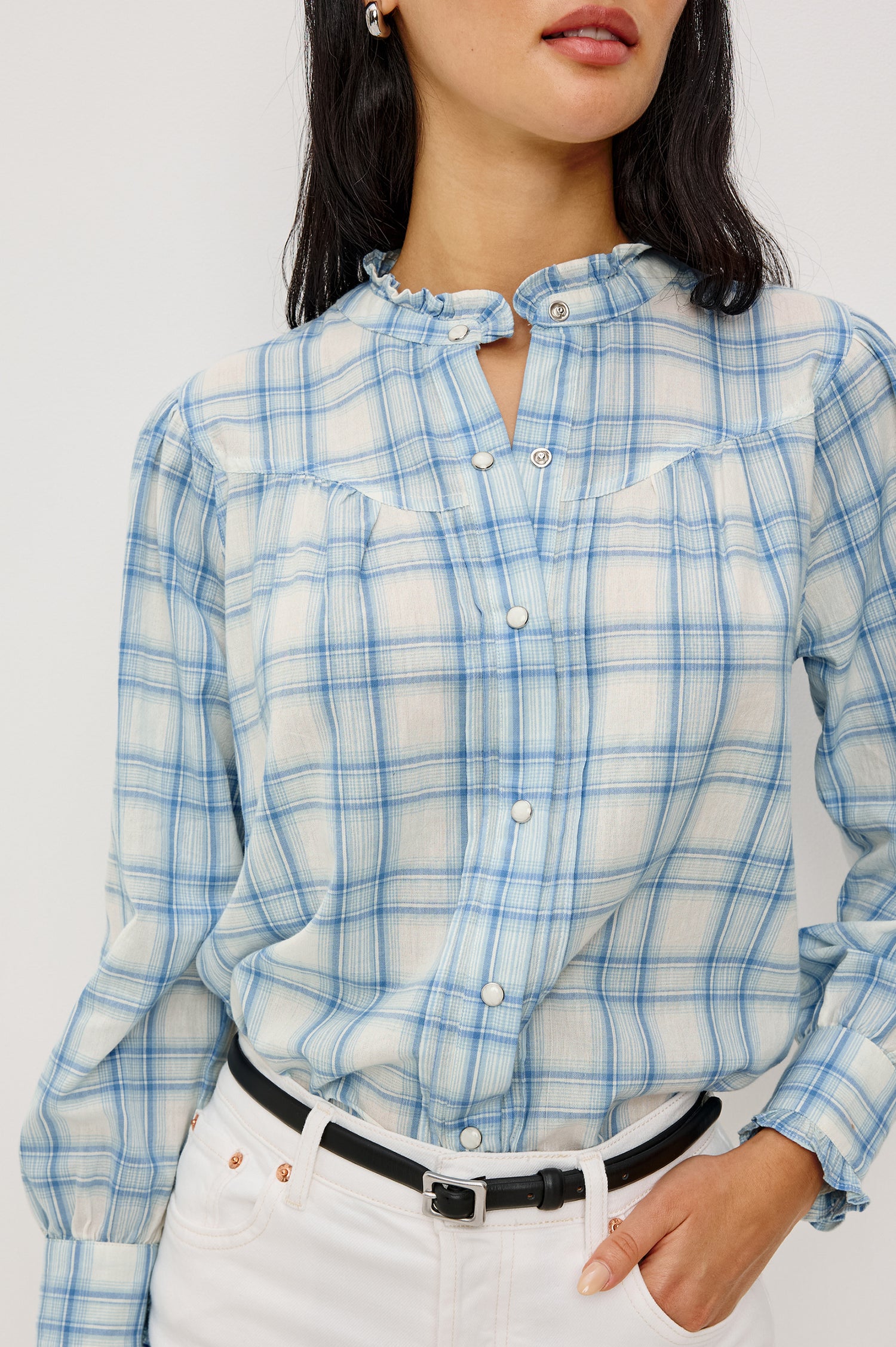 Alanna Long Sleeve Shirt with Snaps Down the Front a Ruffled Collar Banded Ruffed Cuffs and Pleats at the Yoke Seam in Bluebell Ivory Colorway - Upper Body Front Close Up View fFeatured on Model