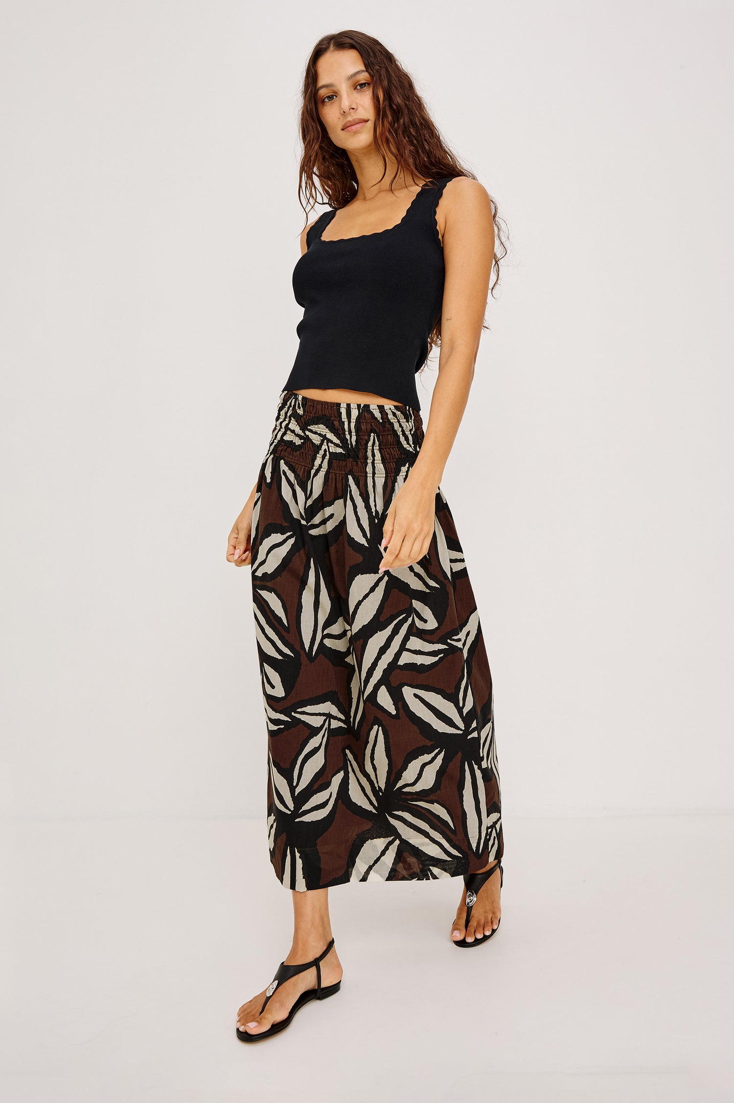Alessa Midi Skirt in Heavy Linen with Wide Elastic Gathered Waistband in Cocoa Floral Colorway - Full Body Front View Featured on Model