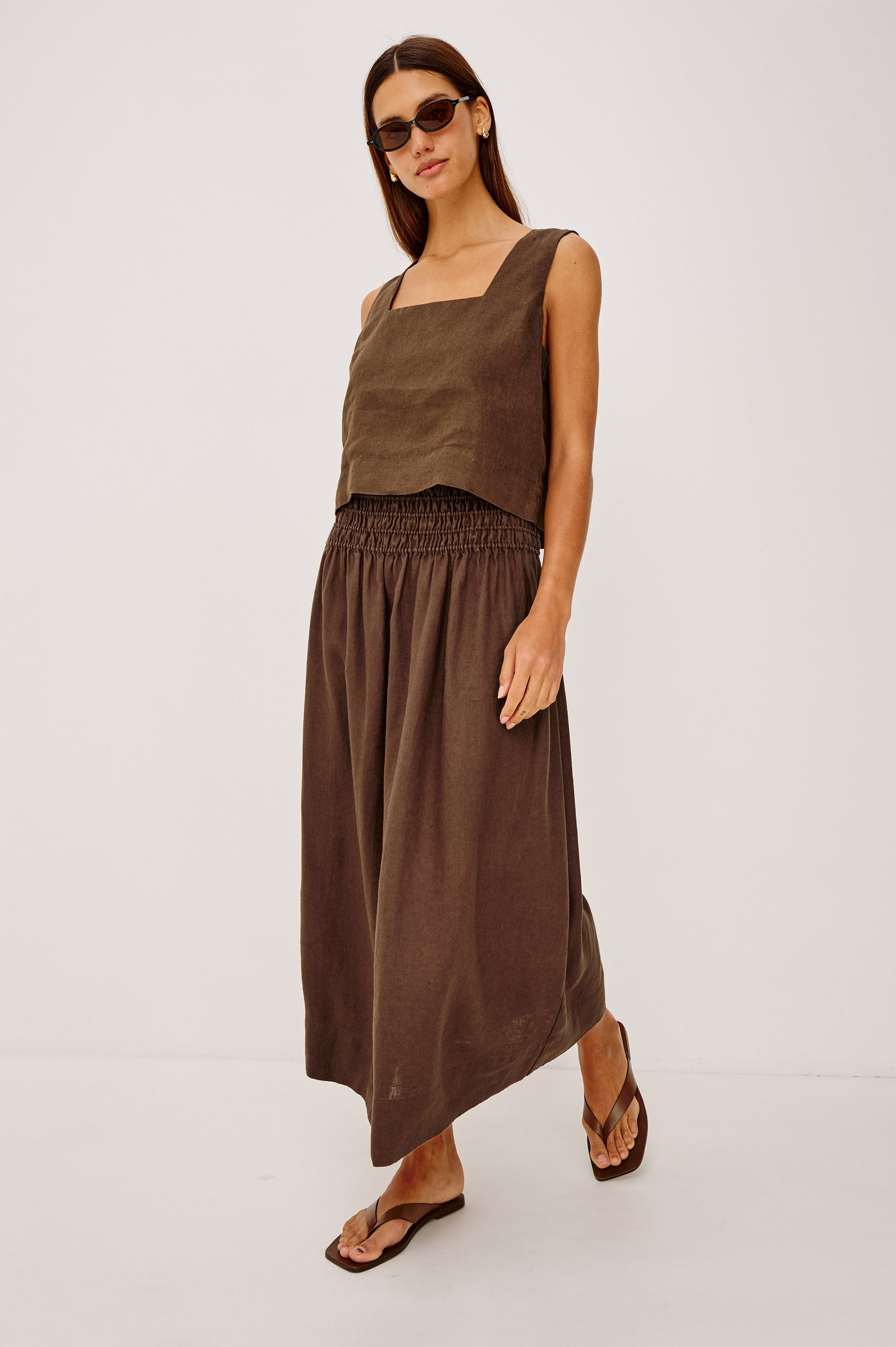 Alessa Midi Skirt in Heavy Linen With Wide Smocked Waistband and A-Line Silhouette in Espresso Colorway - Full Body Front View Featured on Model