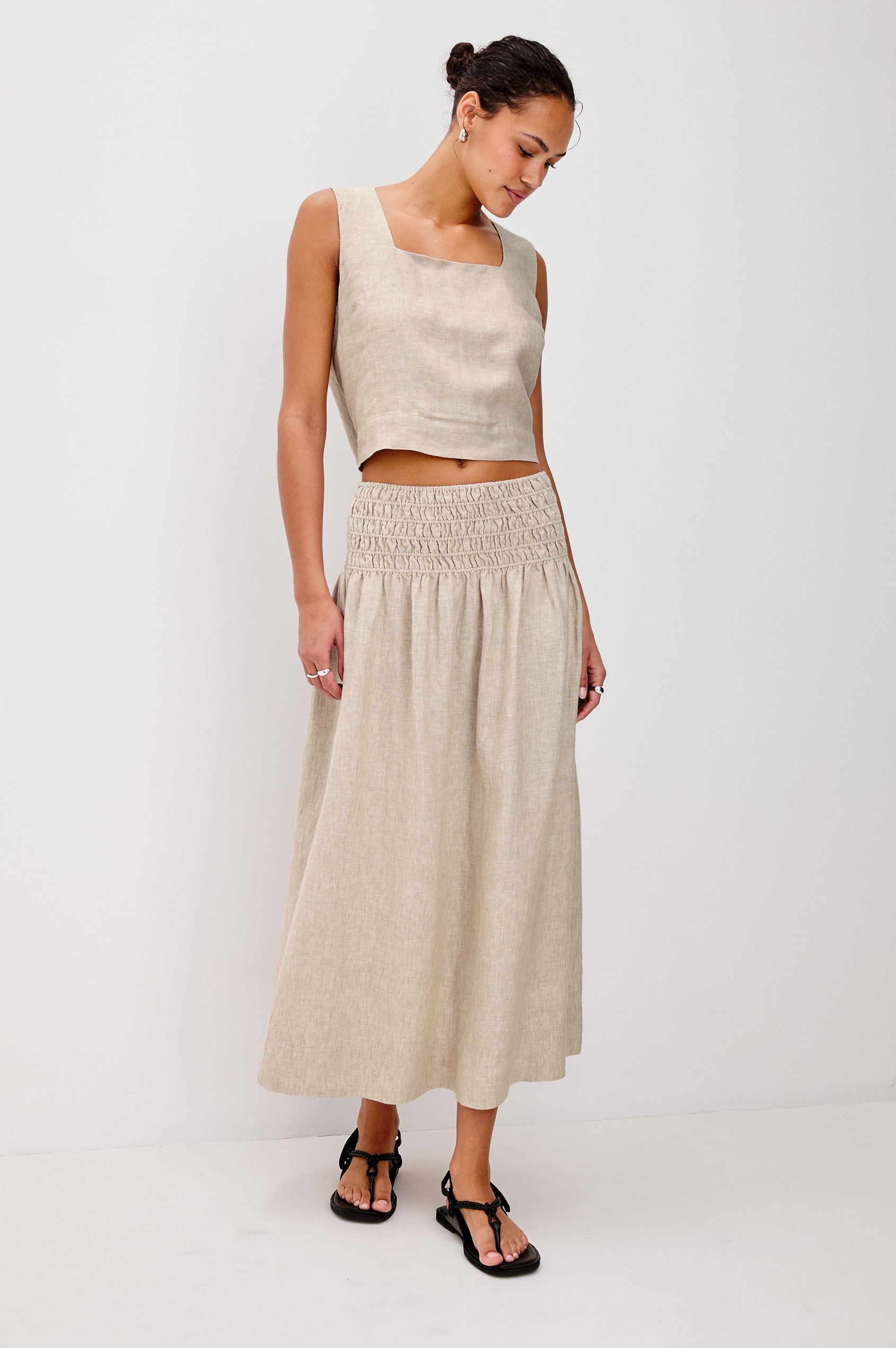 Alessa Pull On Midi Skirt with Elastic Gathered Waist in Heathered Flax Colorway. Full Body Front View Shown on Model.