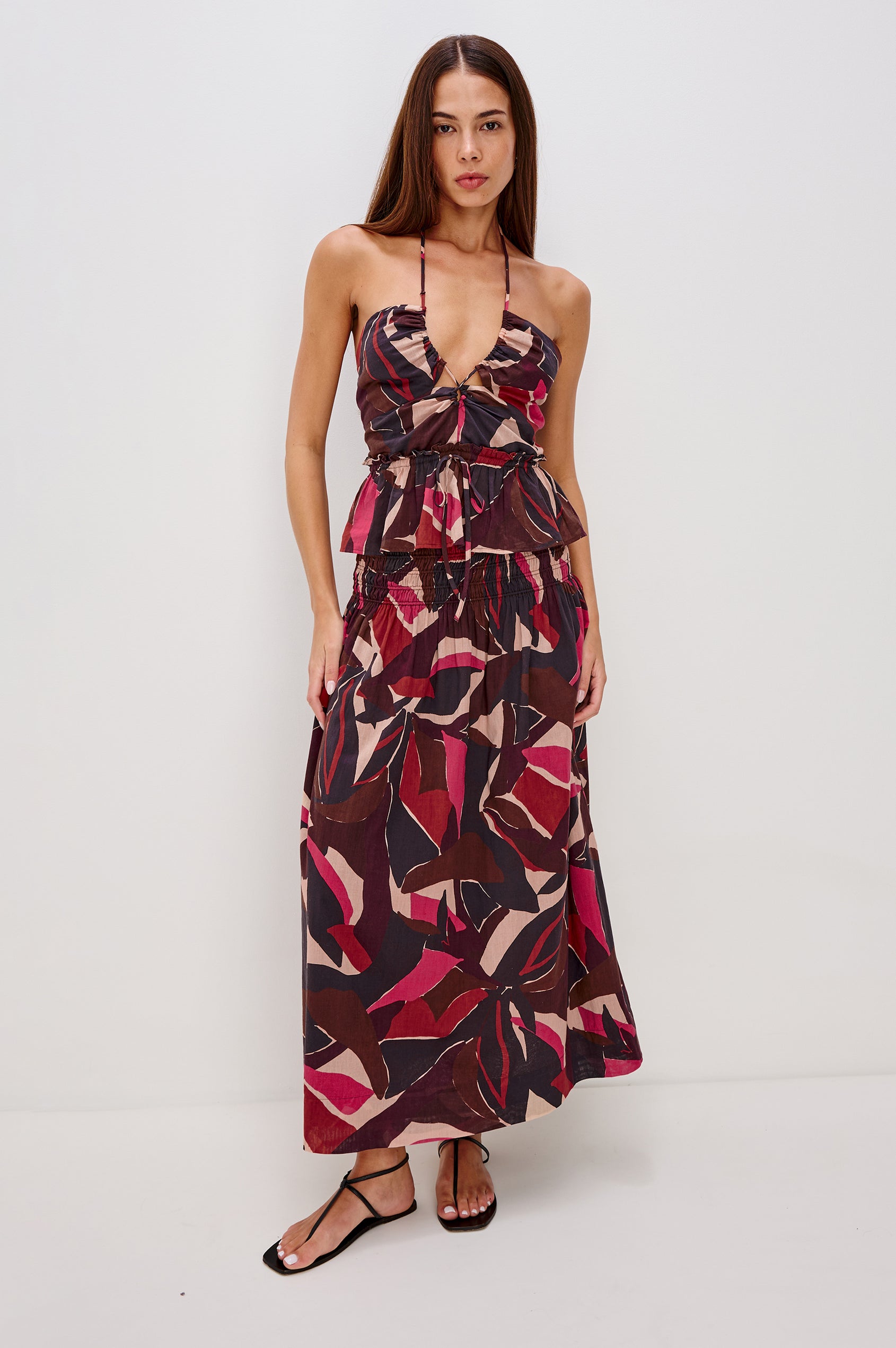 Alessa Midi Skirt with a Wide Elastic Gathered Waistband in Paradise Colorway. Full Body Front View Shown on Model.