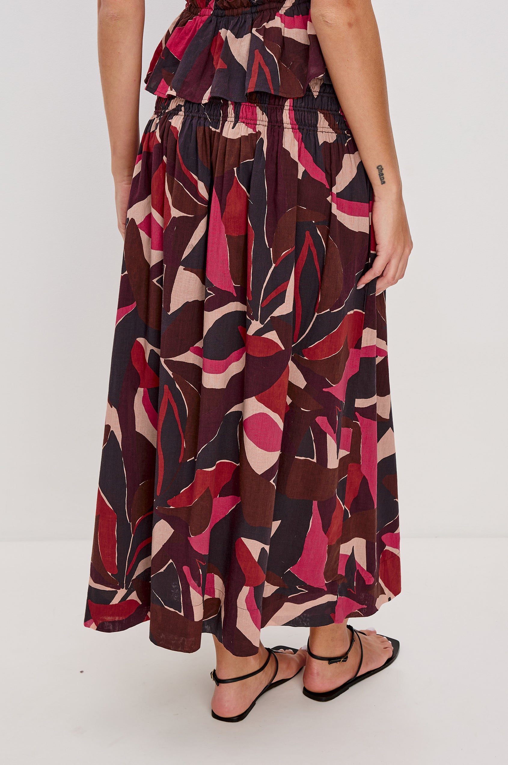 Alessa Midi Skirt with a Wide Elastic Gathered Waistband in Paradise Colorway. Back View Shown on Model.