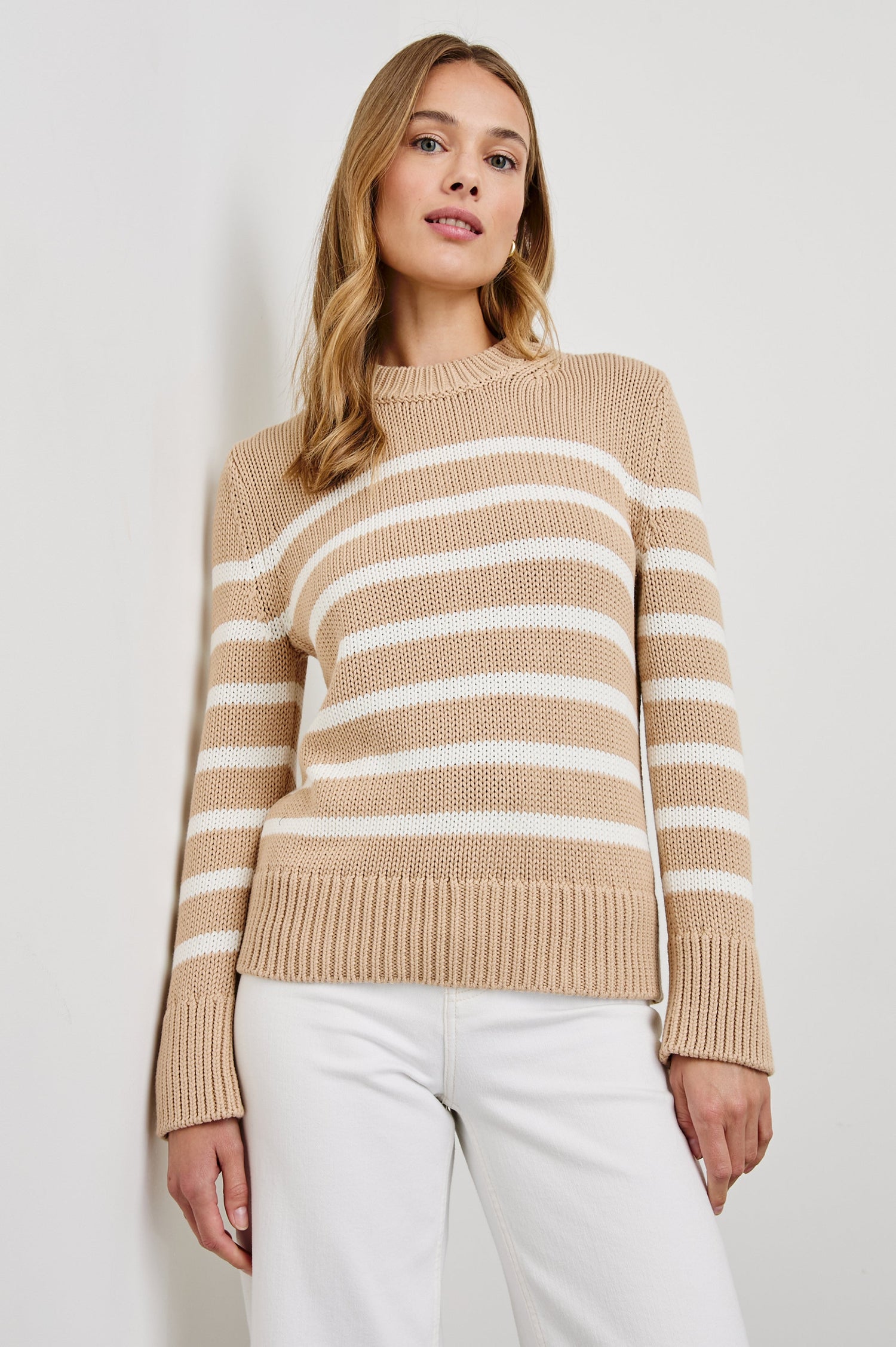 Alise Long-Sleeve Sweater with a Crew Neck and Ribbed Trim in Ivory Birch Stripe Colorway, horizontal stripes - Front View Featured on Model