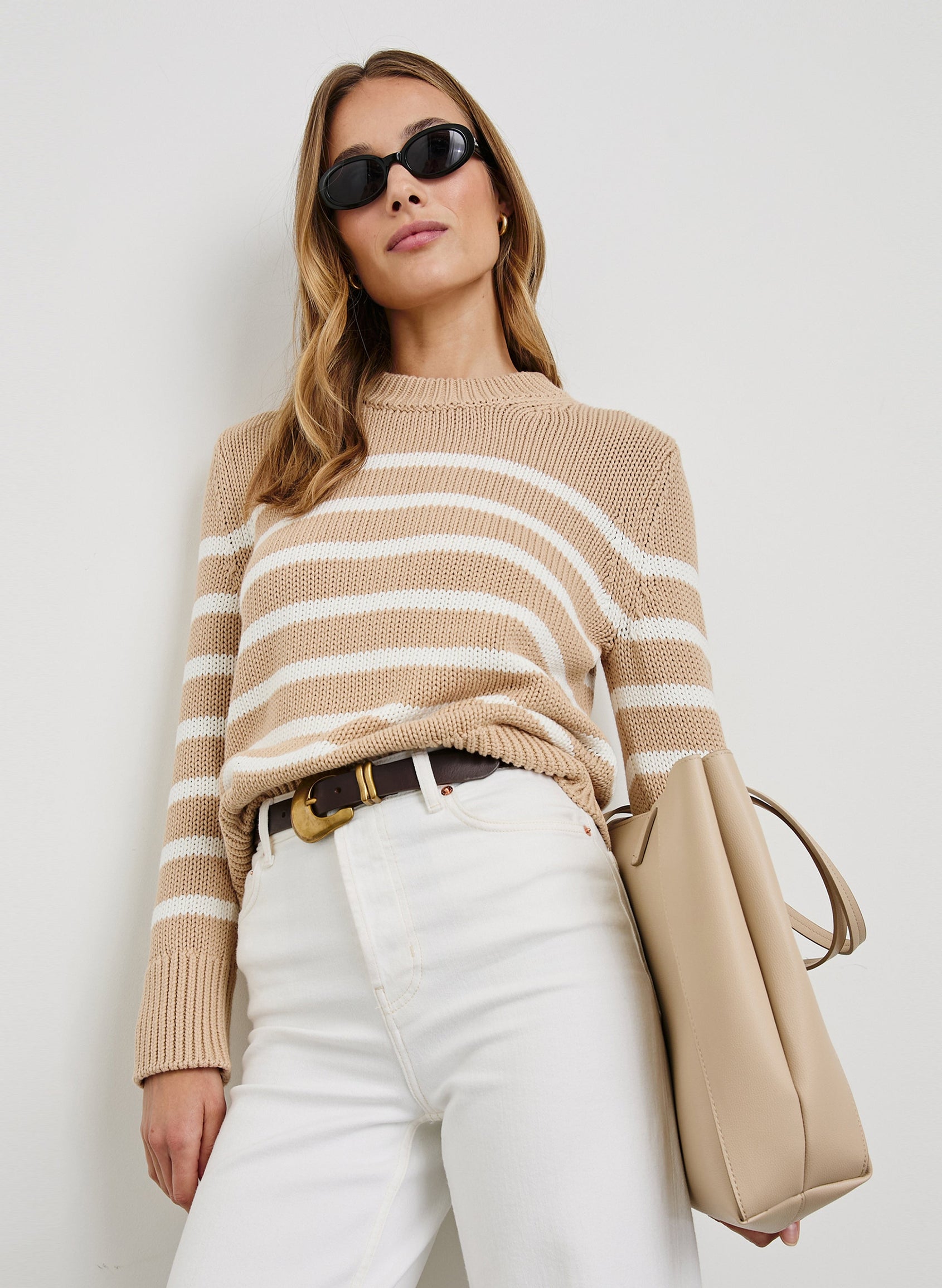 Alise Long-Sleeve Sweater with a Crew Neck and Ribbed Trim in Ivory Birch Stripe Colorway, horizontal stripes - Front View Featured on Model