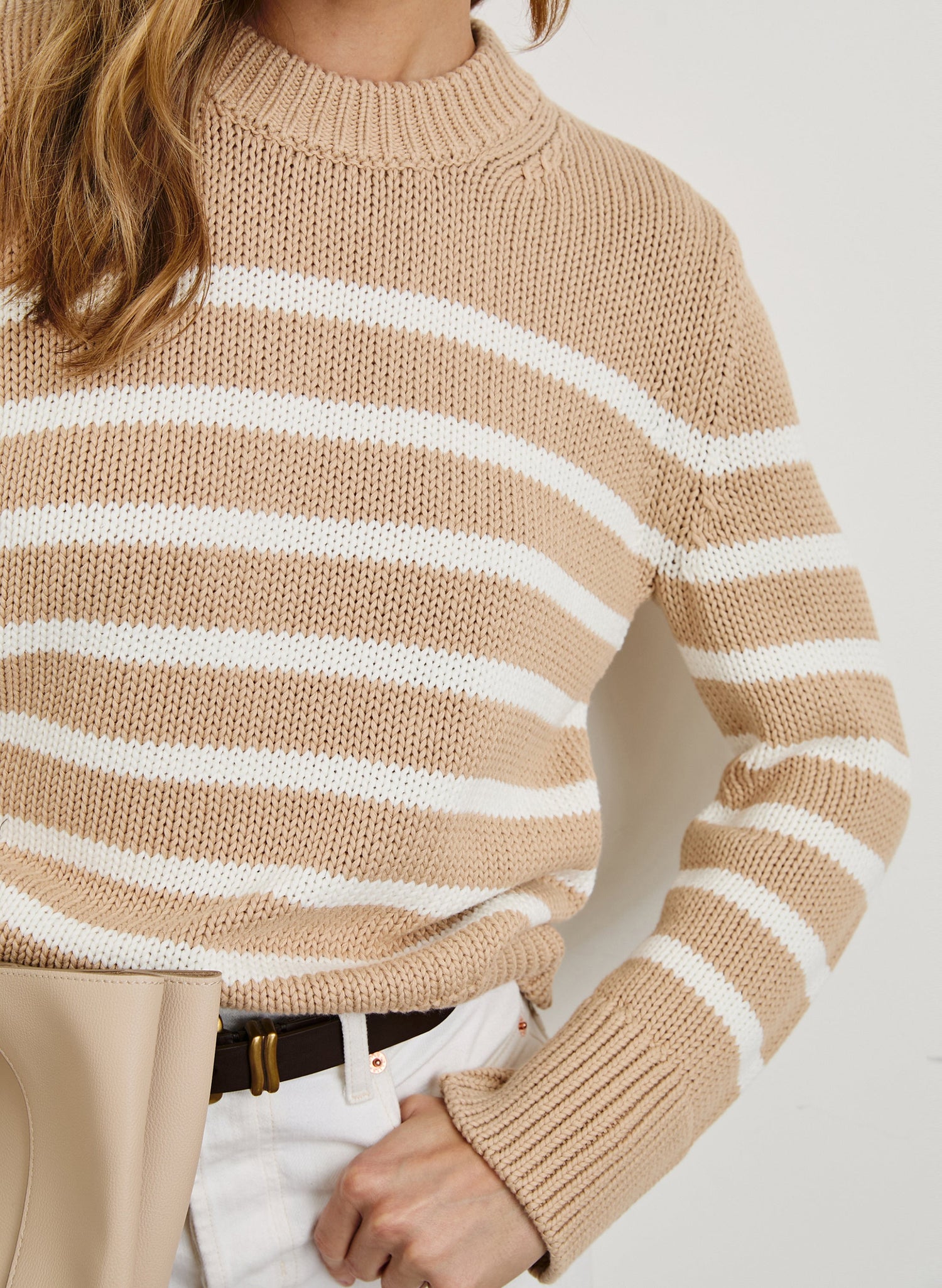Alise Long-Sleeve Sweater with a Crew Neck and Ribbed Trim in Ivory Birch Stripe Colorway, horizontal stripes - Front View Featured on Model