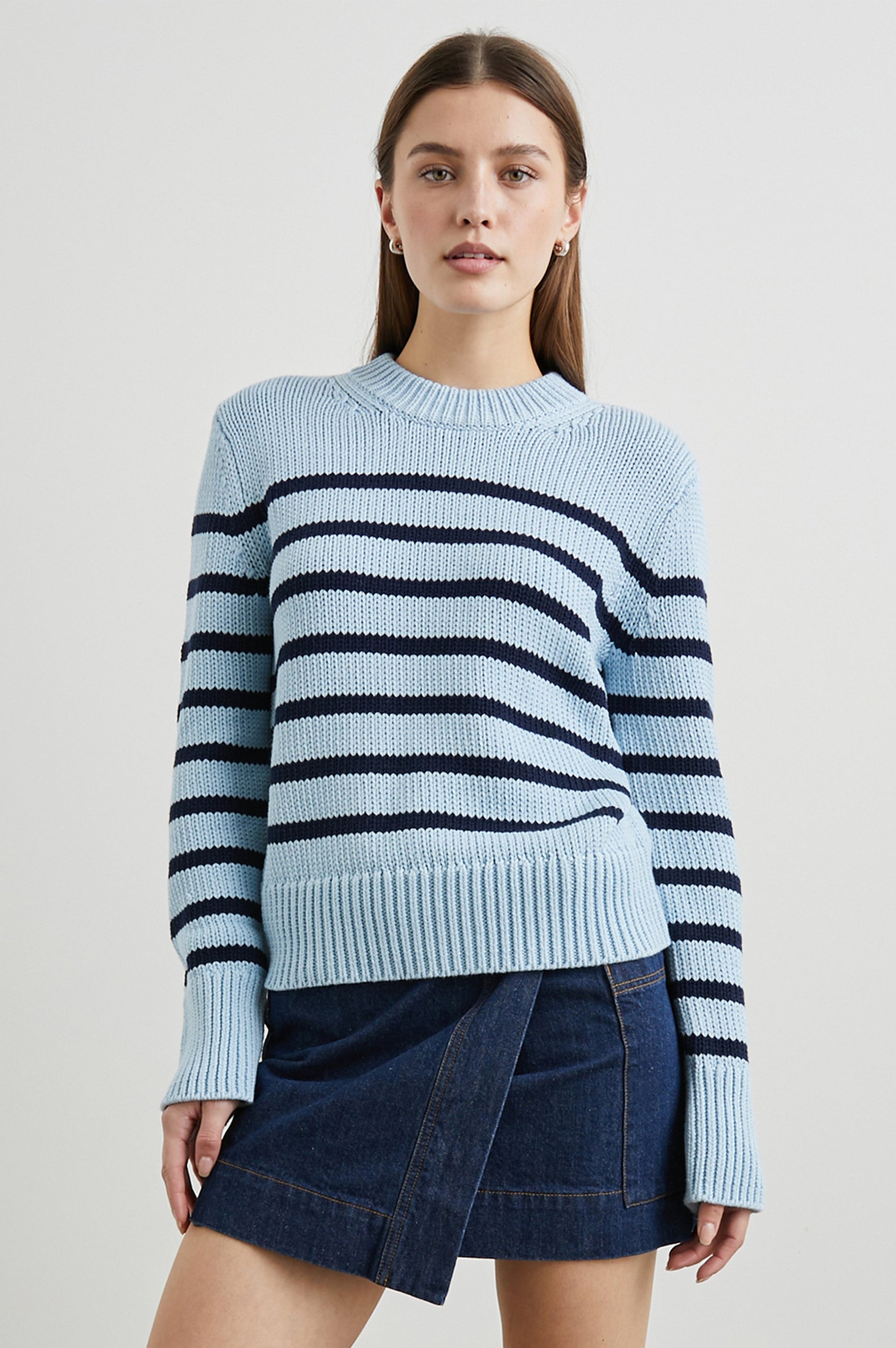 Alise Long-Sleeve Sweater with a Crew Neck and Ribbed Trim in Sky Navy Stripe Colorway, horizontal stripes - Front View Featured on Model
