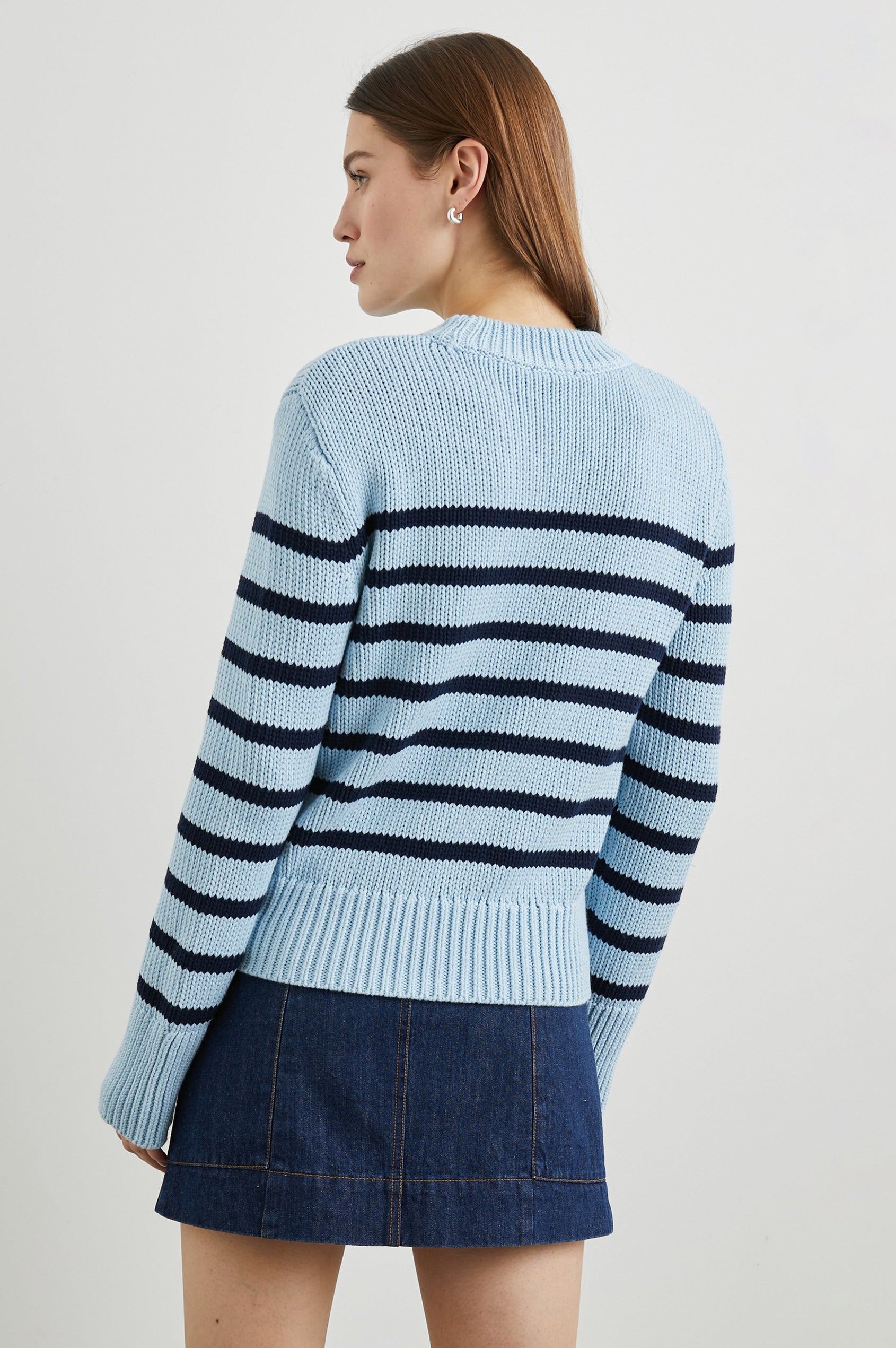 Alise Long-Sleeve Sweater with a Crew Neck and Ribbed Trim in Sky Navy Stripe Colorway, horizontal stripes - Back View Featured on Model