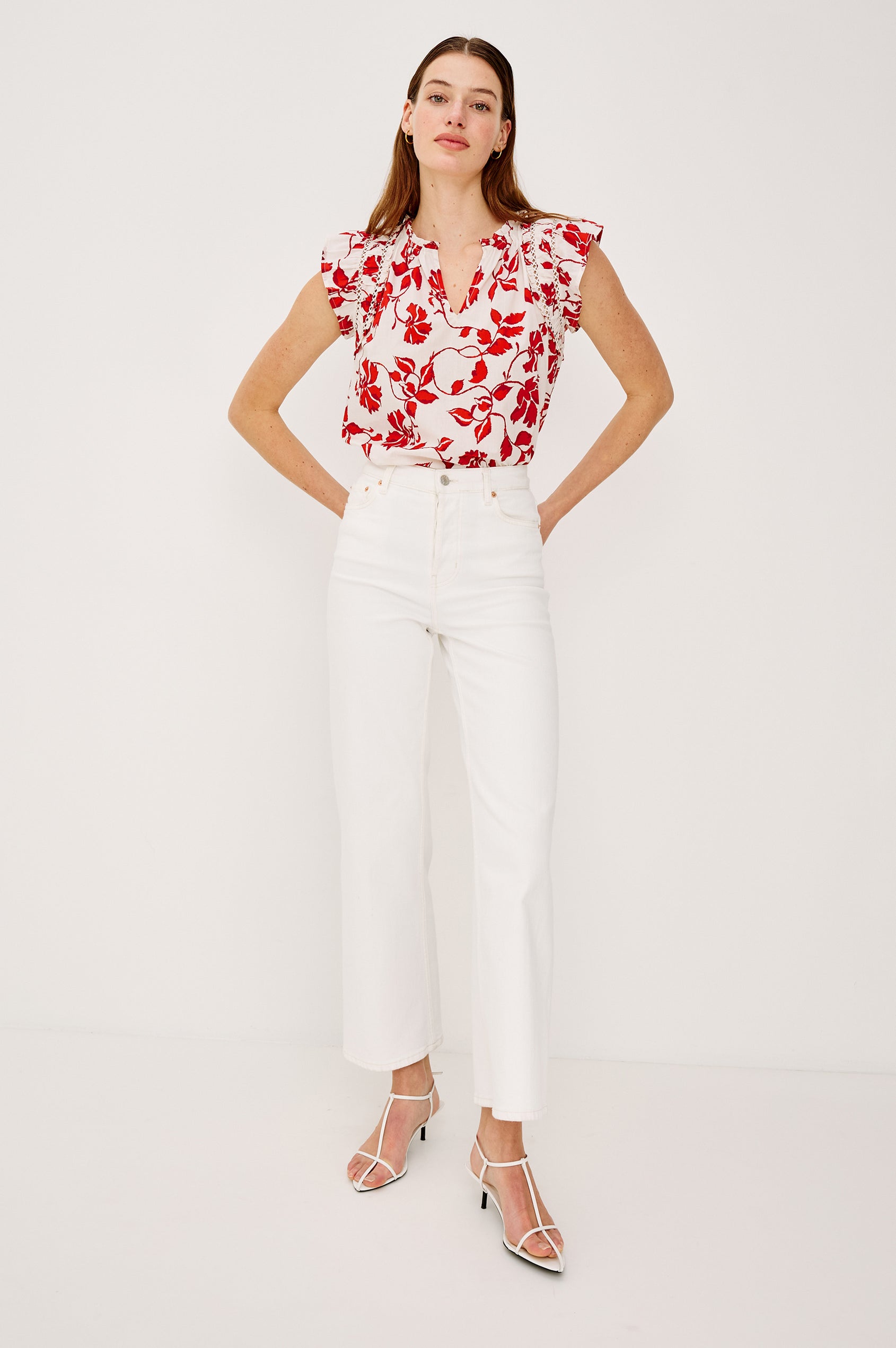 Allea Top in Poplin With Relaxed Fit Split V-Neck. Flutter Sleeves With Contrast Stitcing and Lattice Cutwork in Red Jasmine Colorway - Full Body Front View Featured on Model