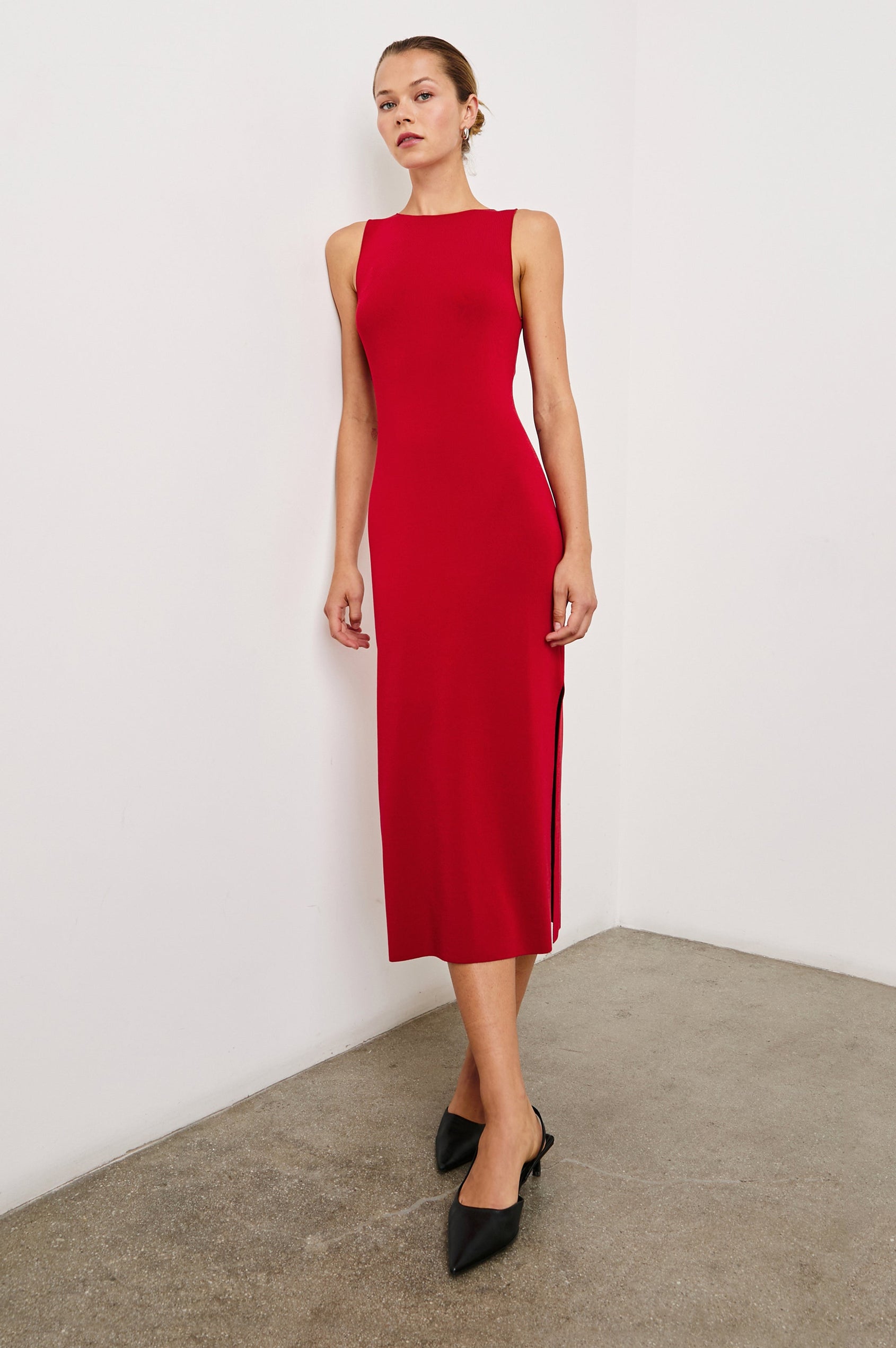 Alora Sleeveless Midi Dress with a Shallow Boat Neck, Mid-Thigh Side Slit, and a Fine Rib Knit in Cherry Colorway - Front Full Body View Featured on Model