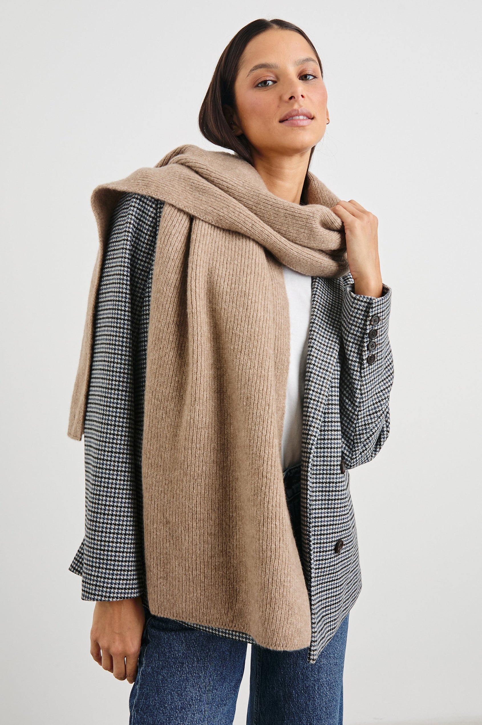 Alps Cashmere Silk Scarf in Oat Colorway - Front View Featured on Model