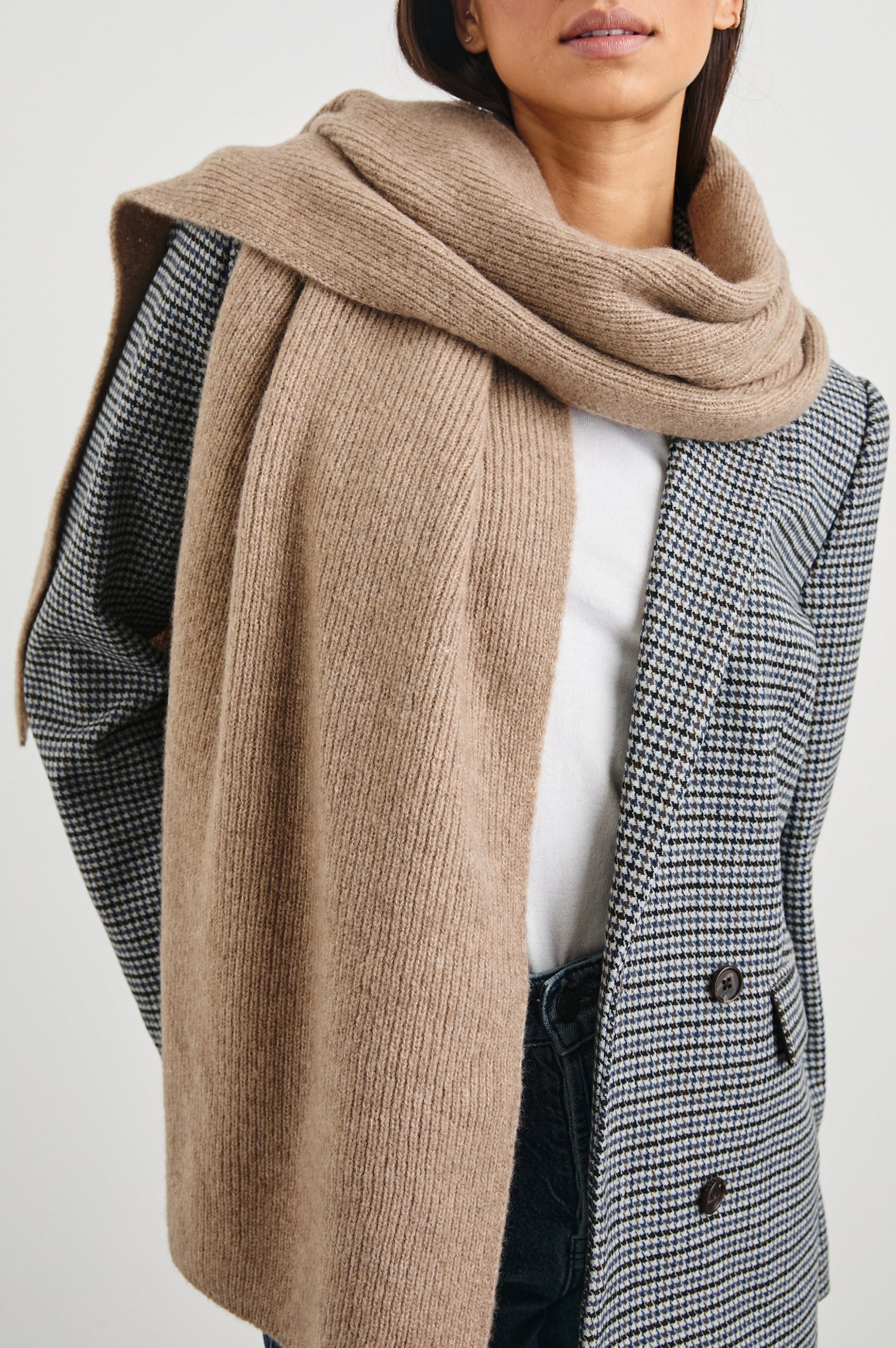 Alps Cashmere Silk Scarf in Oat Colorway - Front View Featured on Model