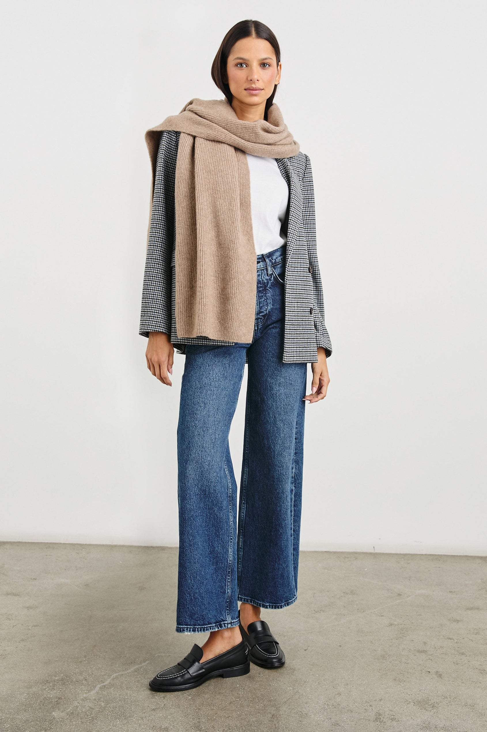 Alps Cashmere Silk Scarf in Oat Colorway - Front Full Body View Featured on Model