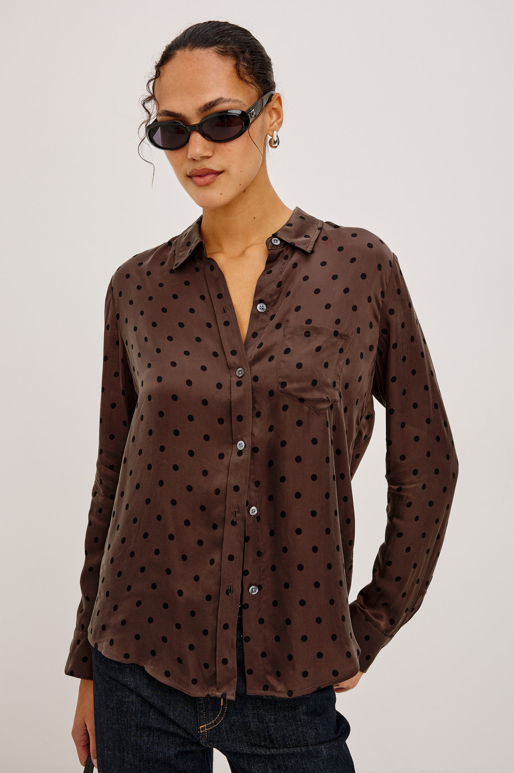 Alyssa Shirt in Luxe Lightweight Cupro With Loose Fit, Collar, Front Buttons, Long Sleeves, and Curved Back Hem in Olive Jaguar Colorway - Upper Body Front View Featured on Model