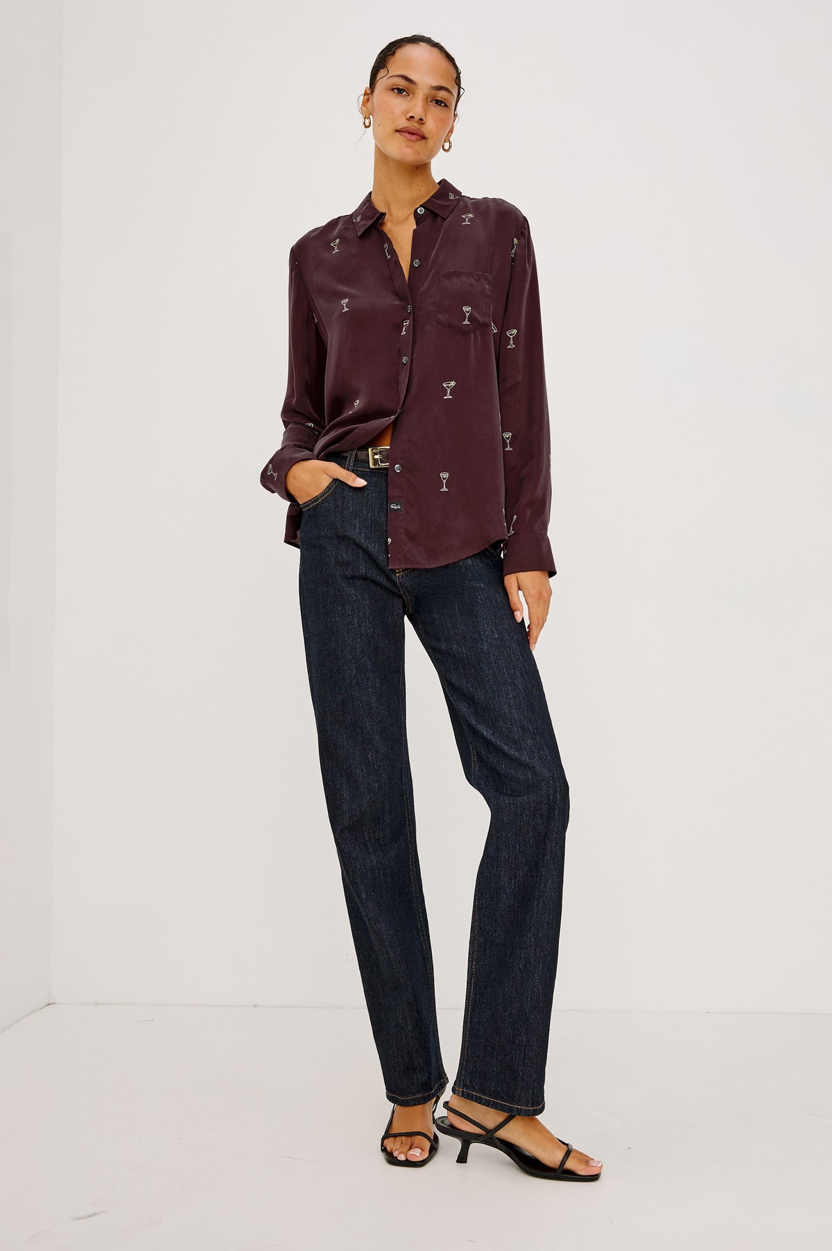 Alyssa Shirt in Martini Print Silk With Front Buttons, Single Chest Pocket, Point Collar, and Long Sleeves in Oxblood Martini Colorway - Full Body Front View Featured on Model.