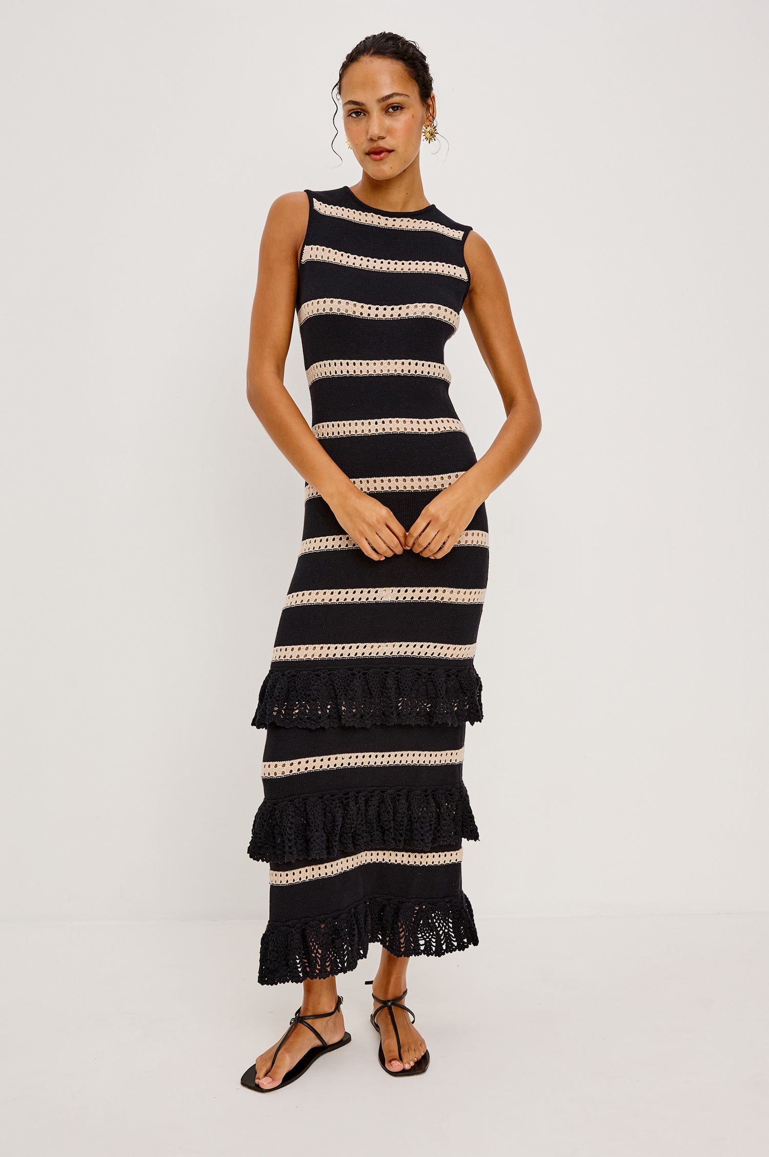 Ana Maxi Dress in Cotton Blend Crochet Knit With Tiered Hem in Black Oat Stripe Colorway - Full Body Front View Featured on Model