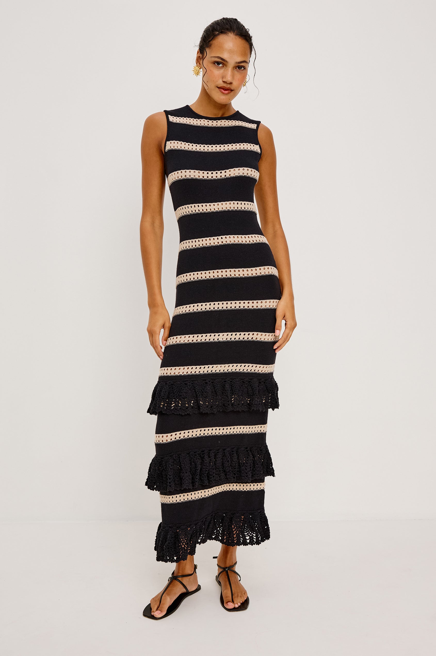 Ana Maxi Dress in Cotton Blend Crochet Knit With Tiered Hem in Black Oat Stripe Colorway - Lower Body Close Up Front View Featured on Model